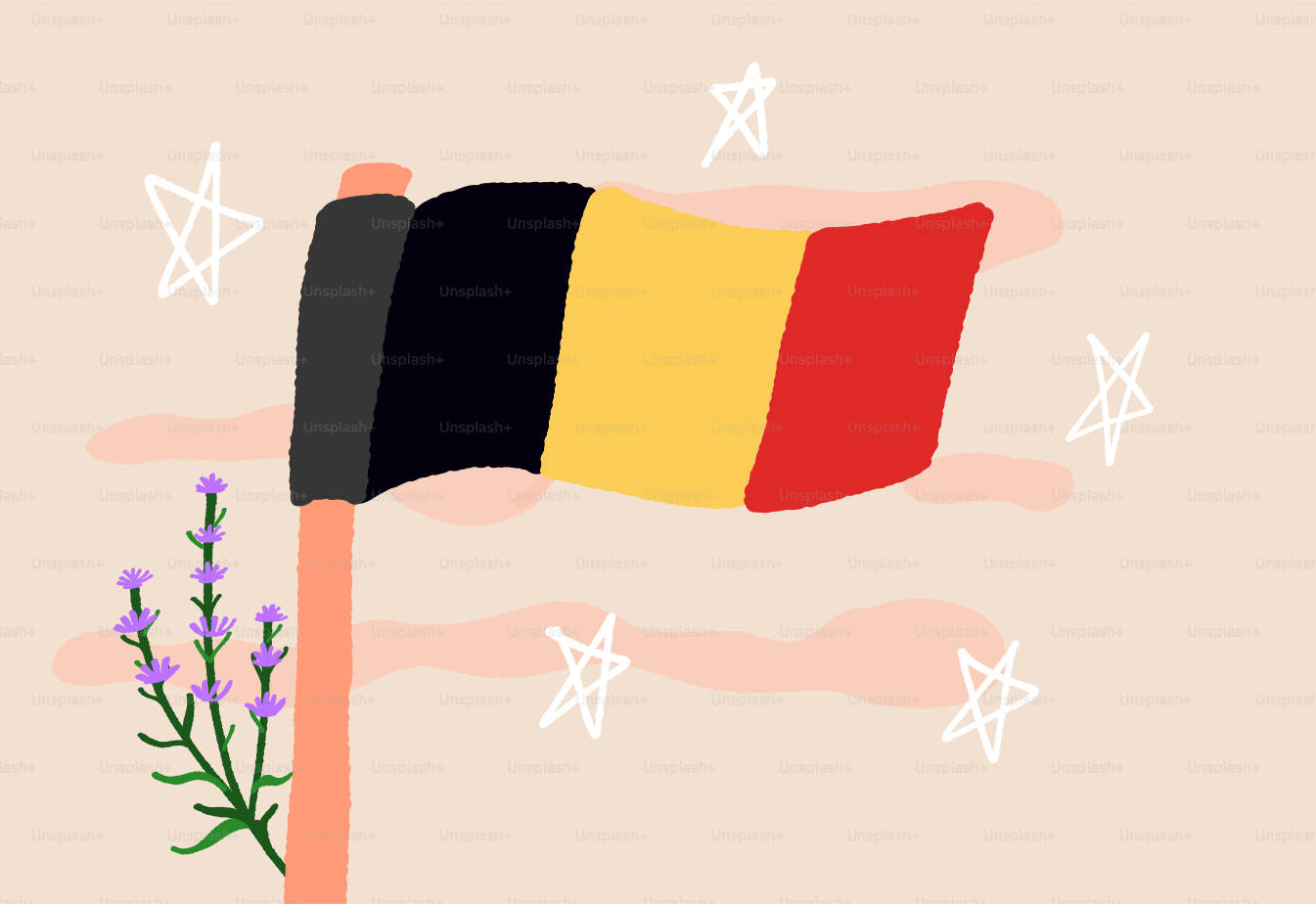 A belgian flag waving with lavender flowers and stars