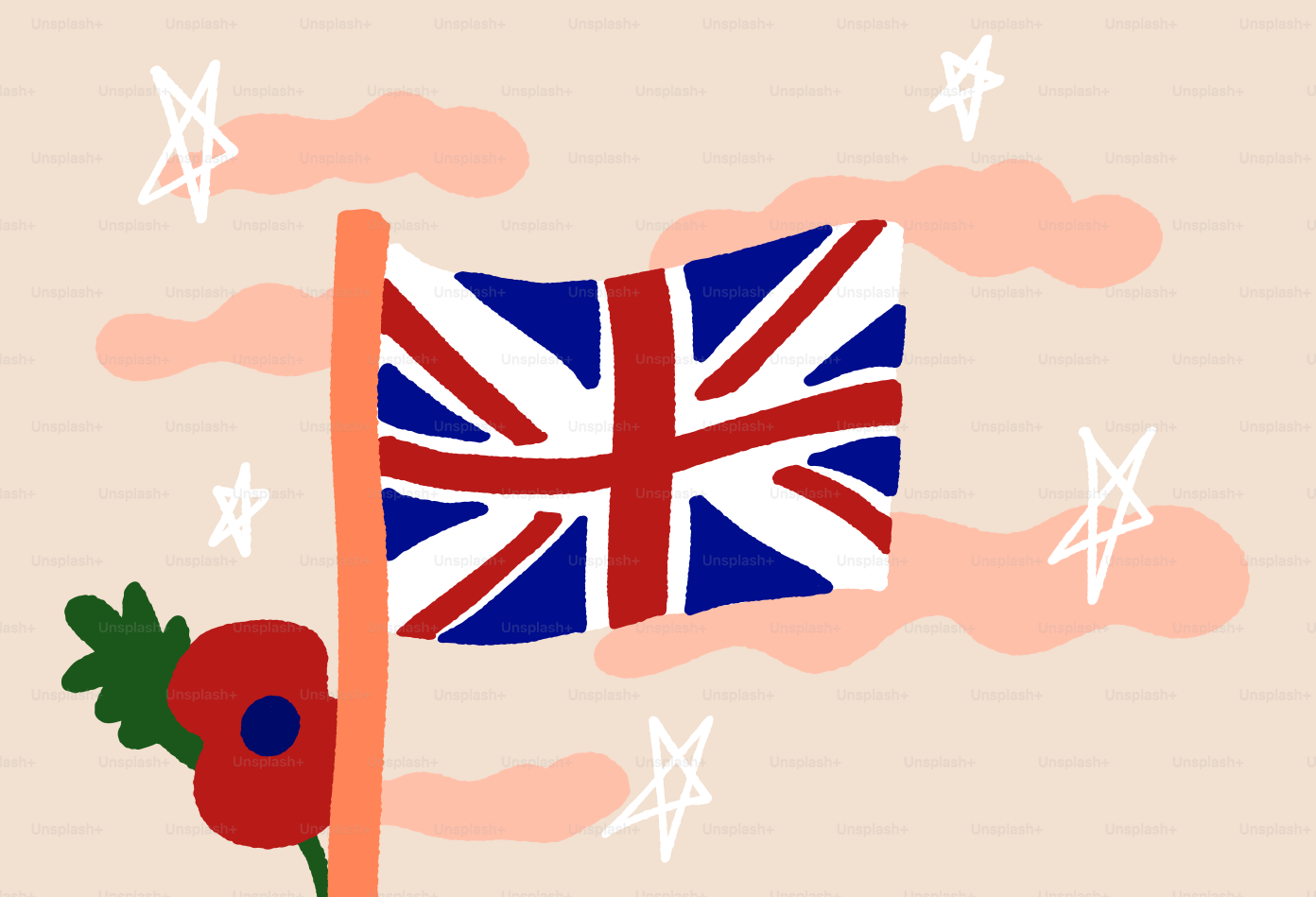 Illustrated union jack flag with a poppy and stars.