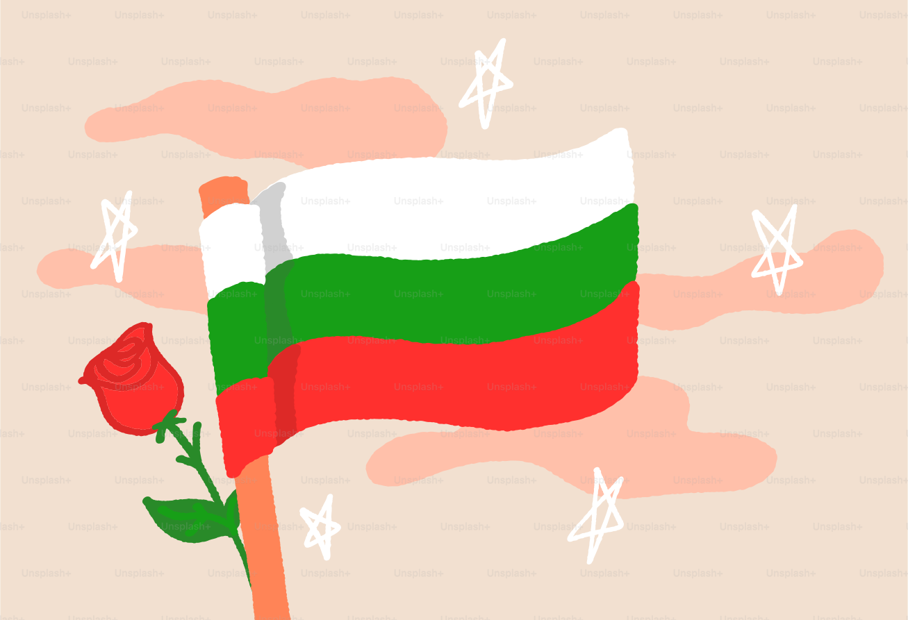 Bulgarische Flagge mit einer roten Rose, Wolken und Sternen.