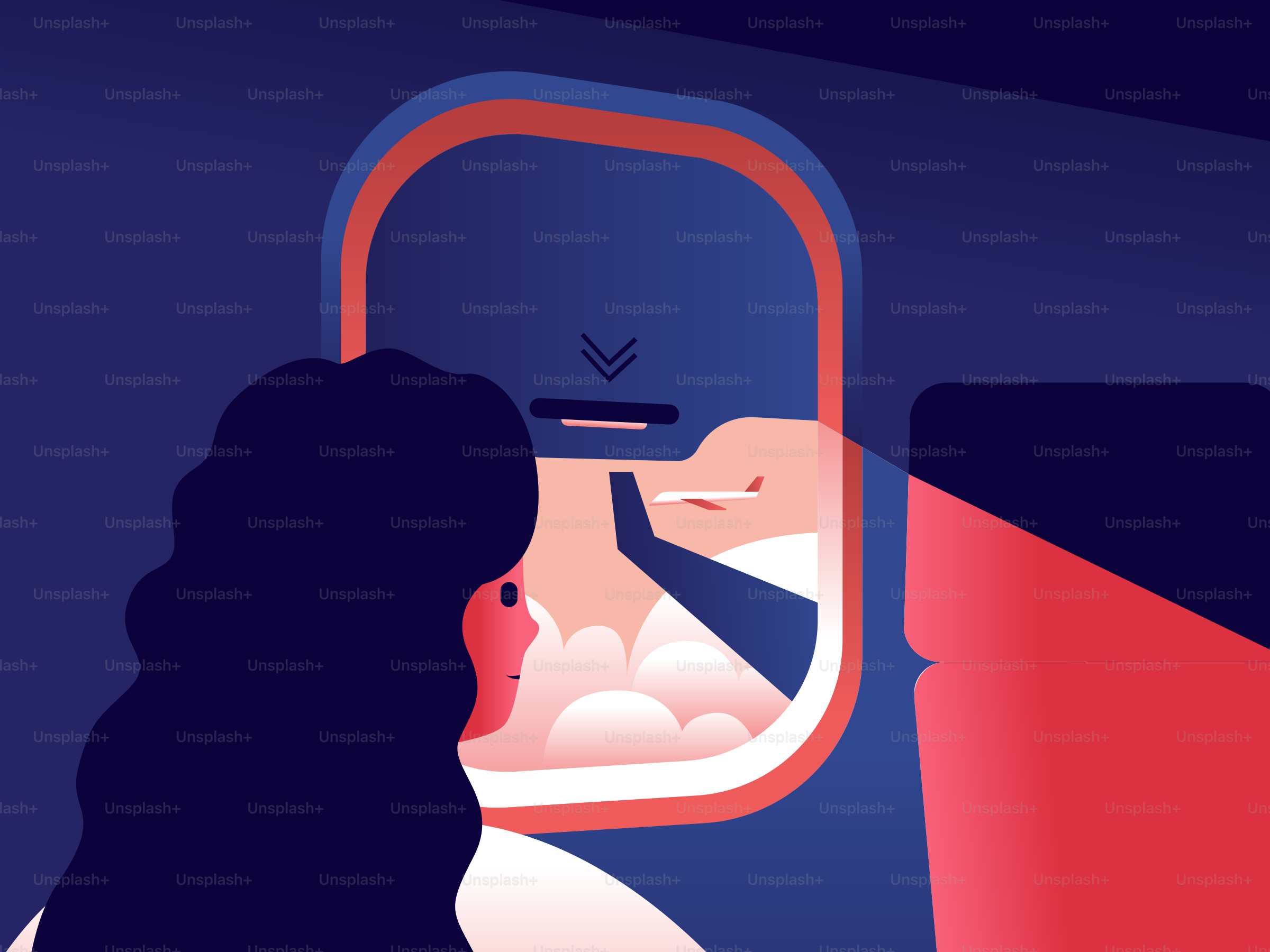 Woman looks out airplane window at clouds and reaching hand