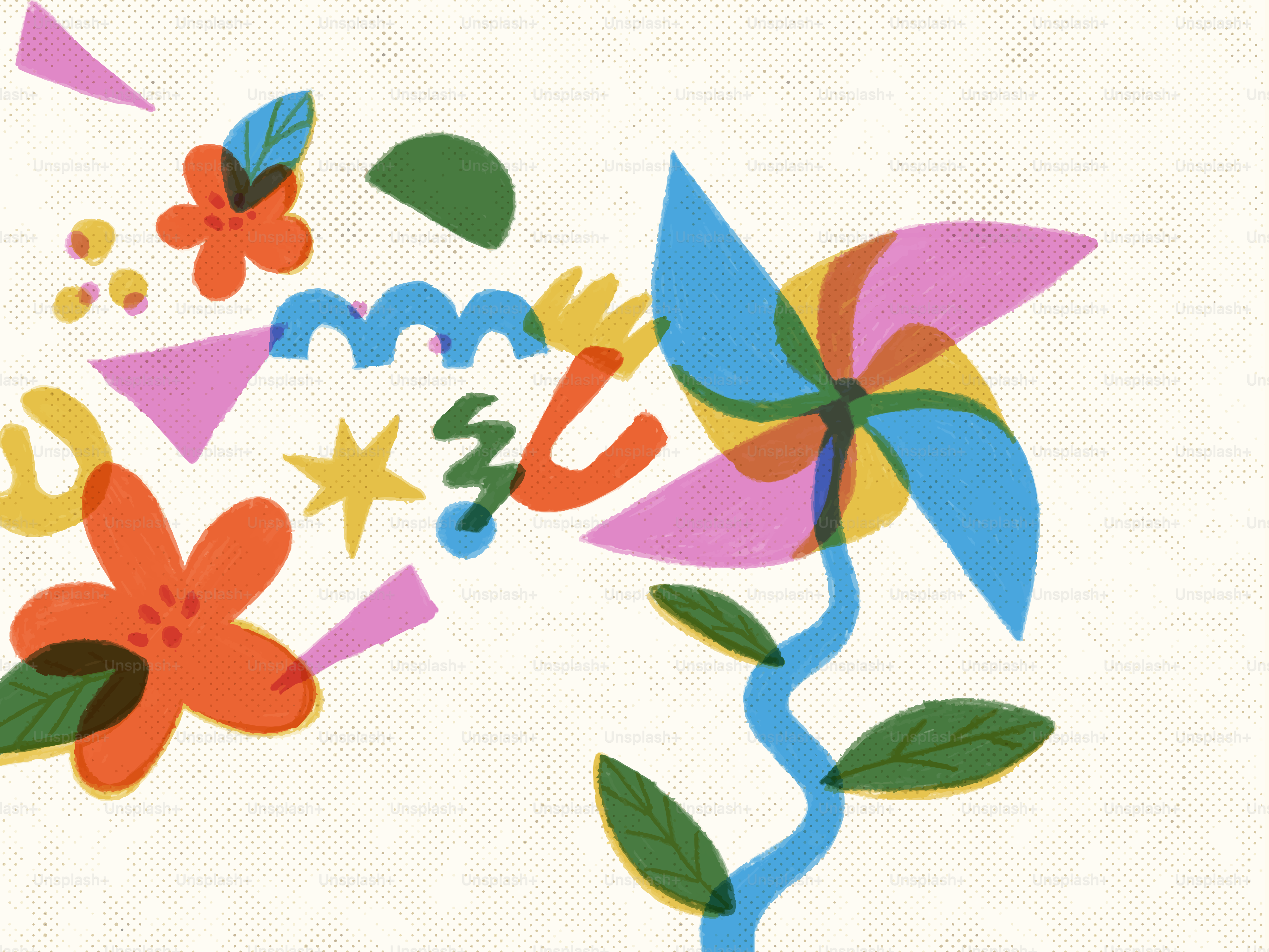 Vibrant abstract shapes and a colorful pinwheel flower.