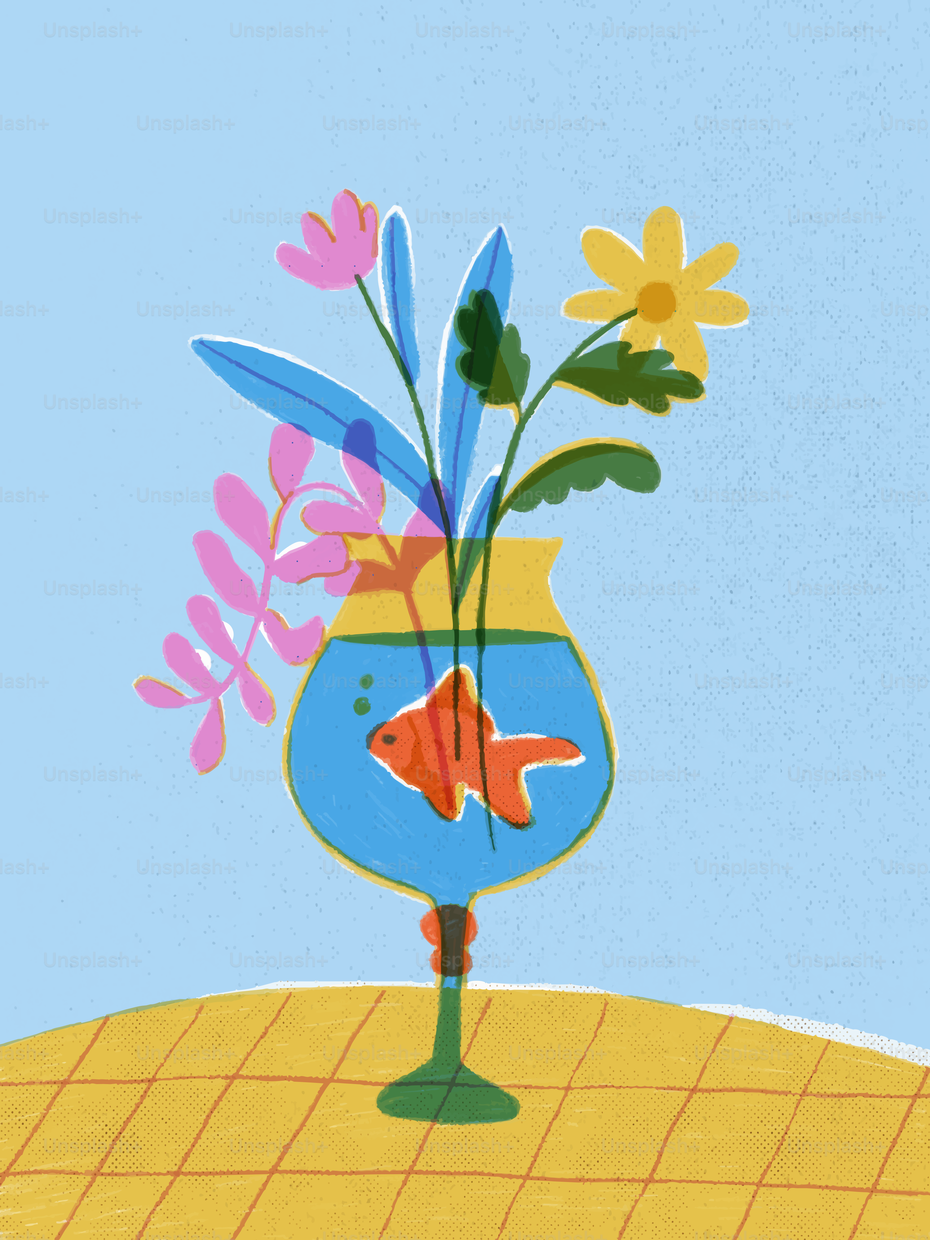 A goldfish swims in a glass vase with colorful flowers.