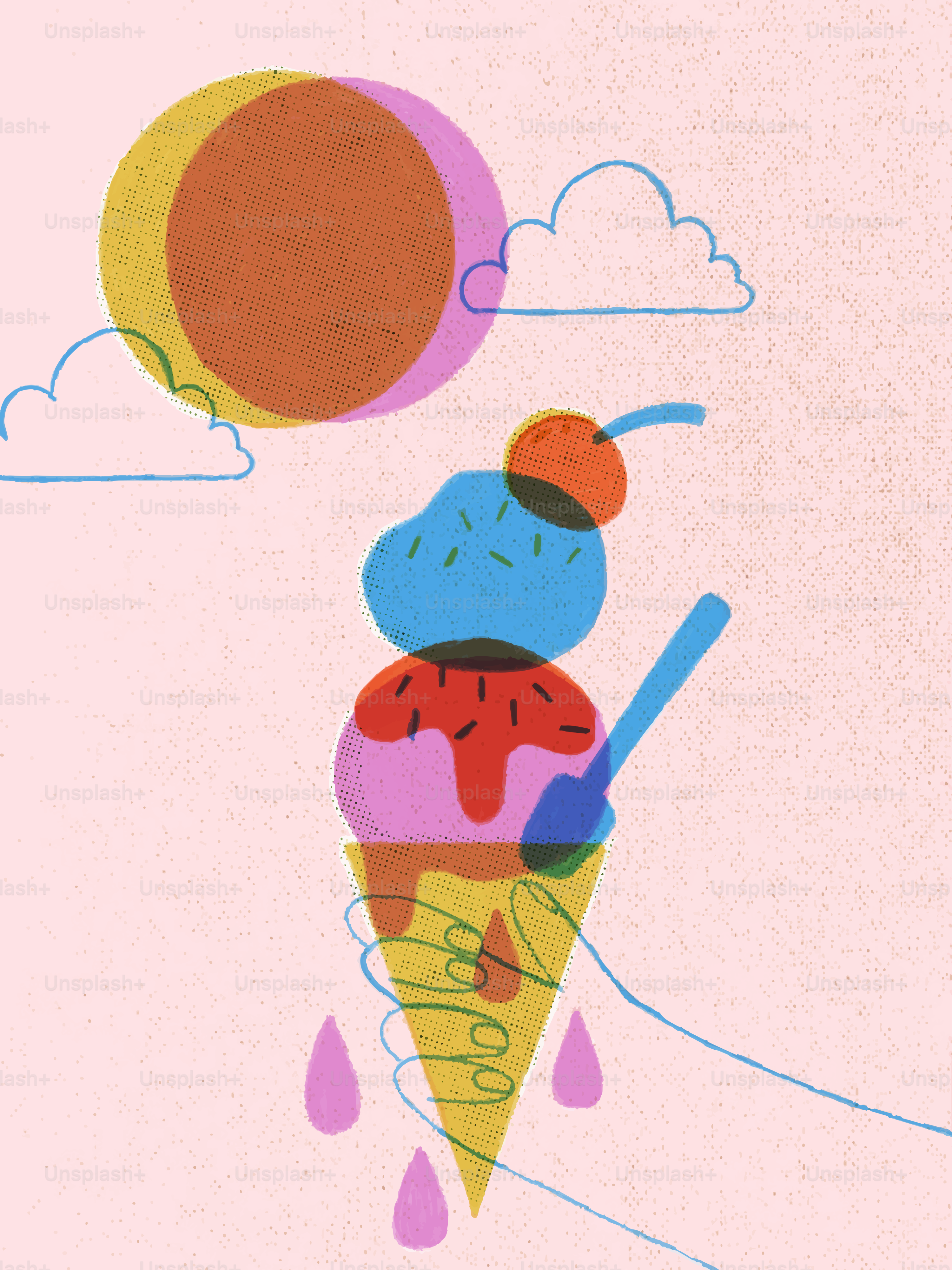 Hand holding melting ice cream cone with sun and clouds.