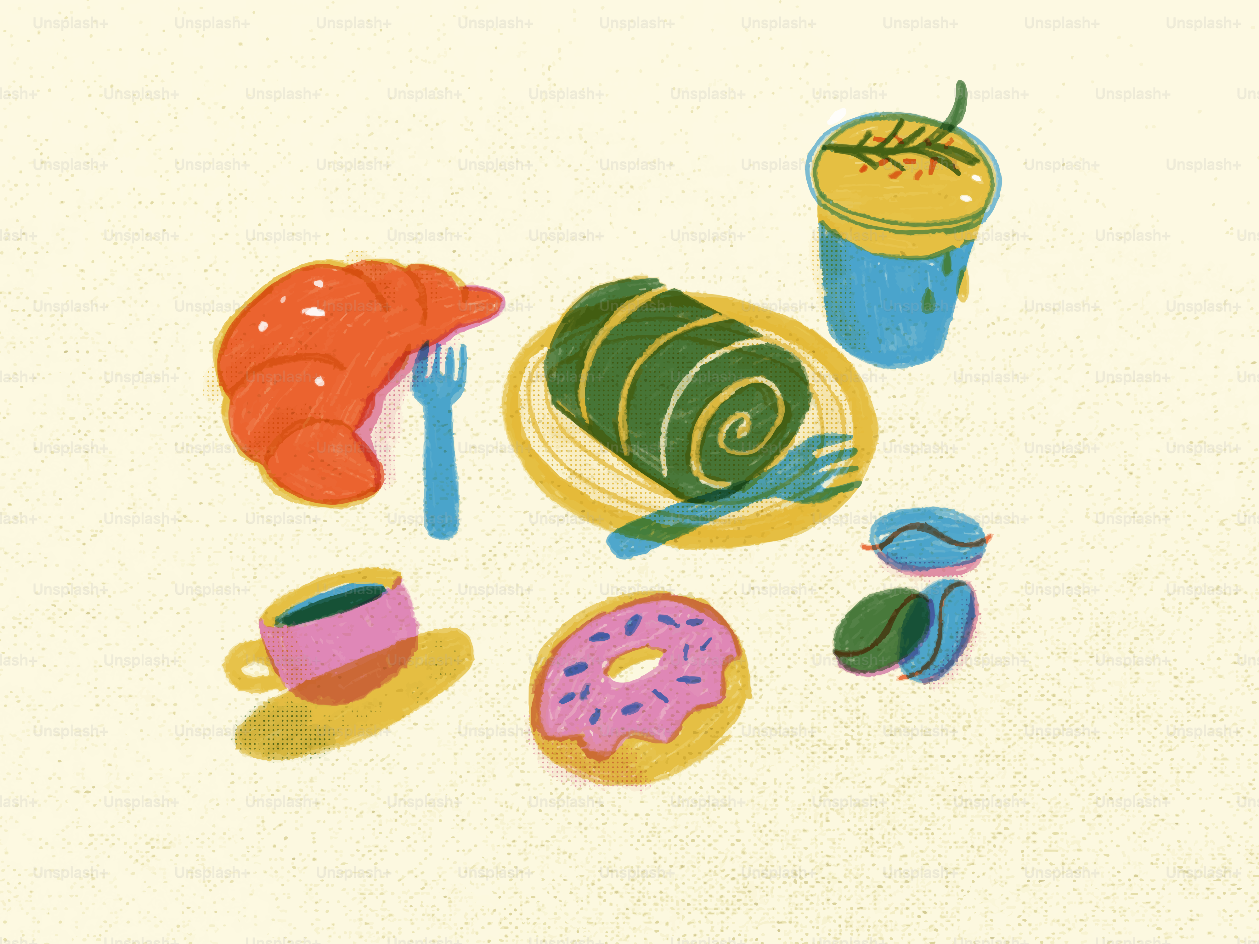 Bermacam-macam kue sarapan berwarna-warni, kopi, dan ilustrasi minuman.