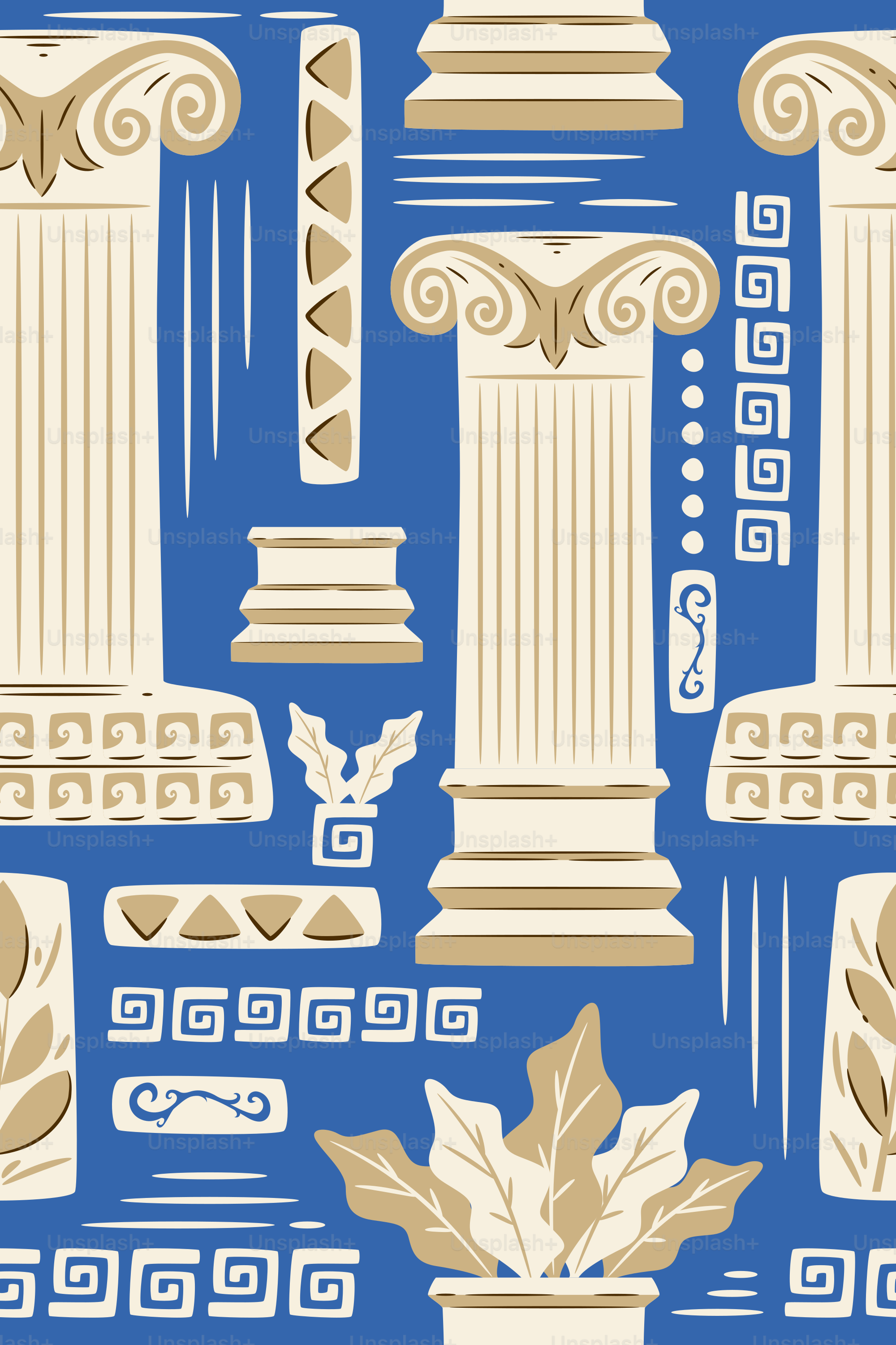 Ancient greek columns and architectural elements on a blue background.