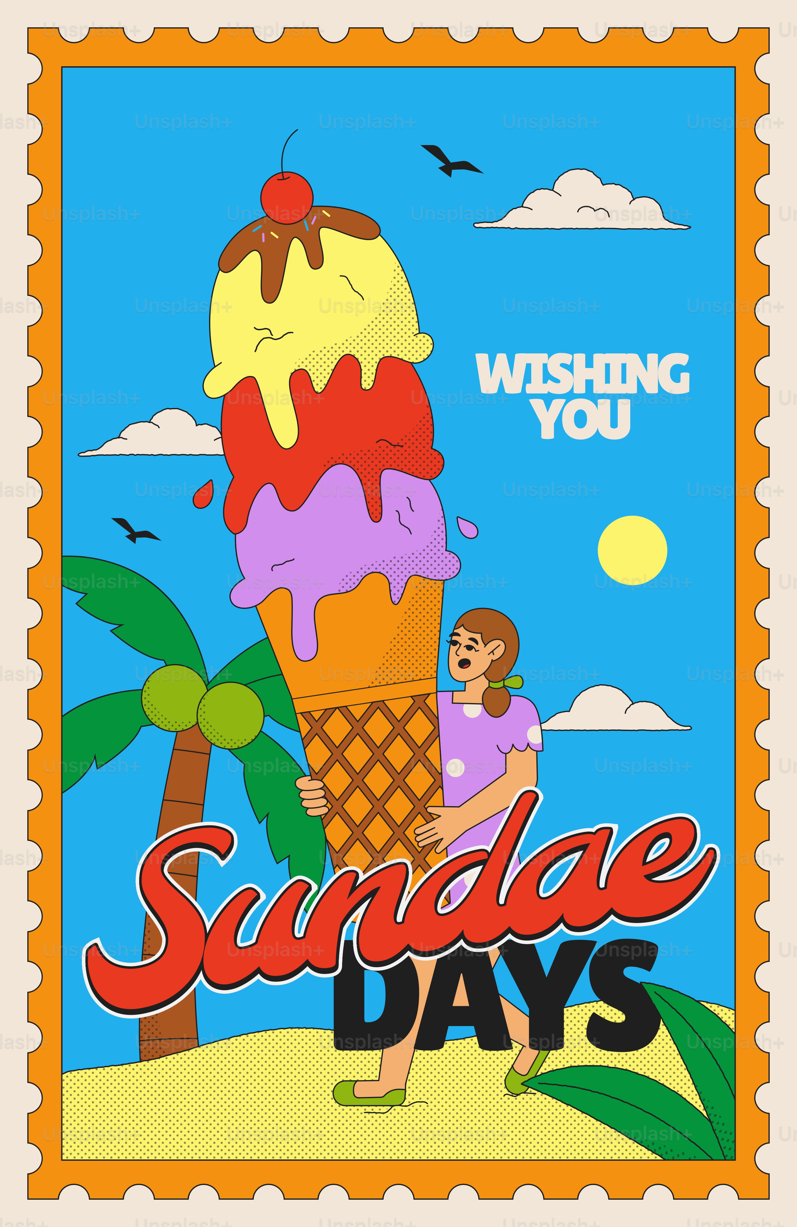 Wishing you sundae days: woman with giant ice cream cone.