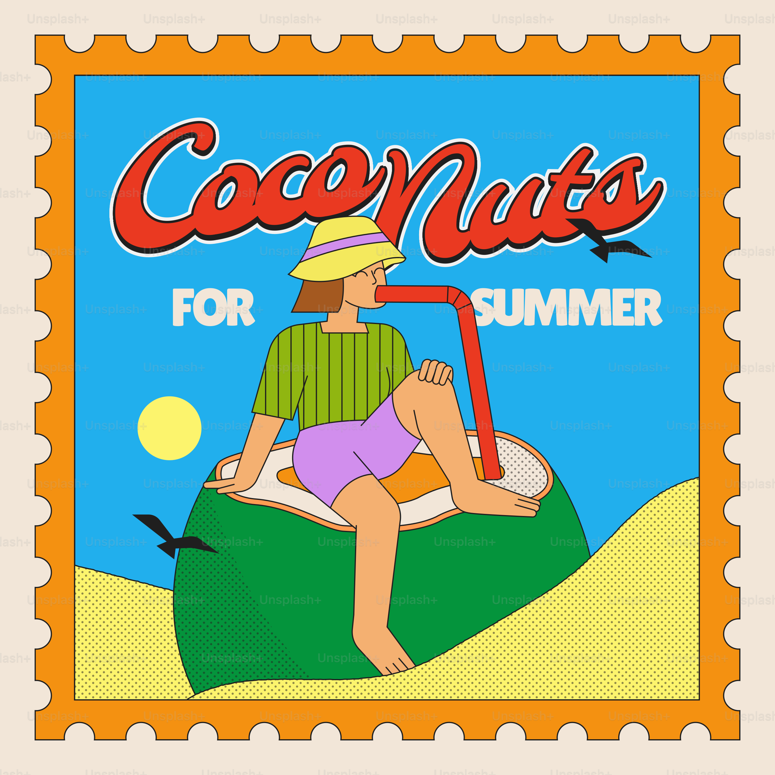 Cartoon stamp with person drinking from a large coconut.