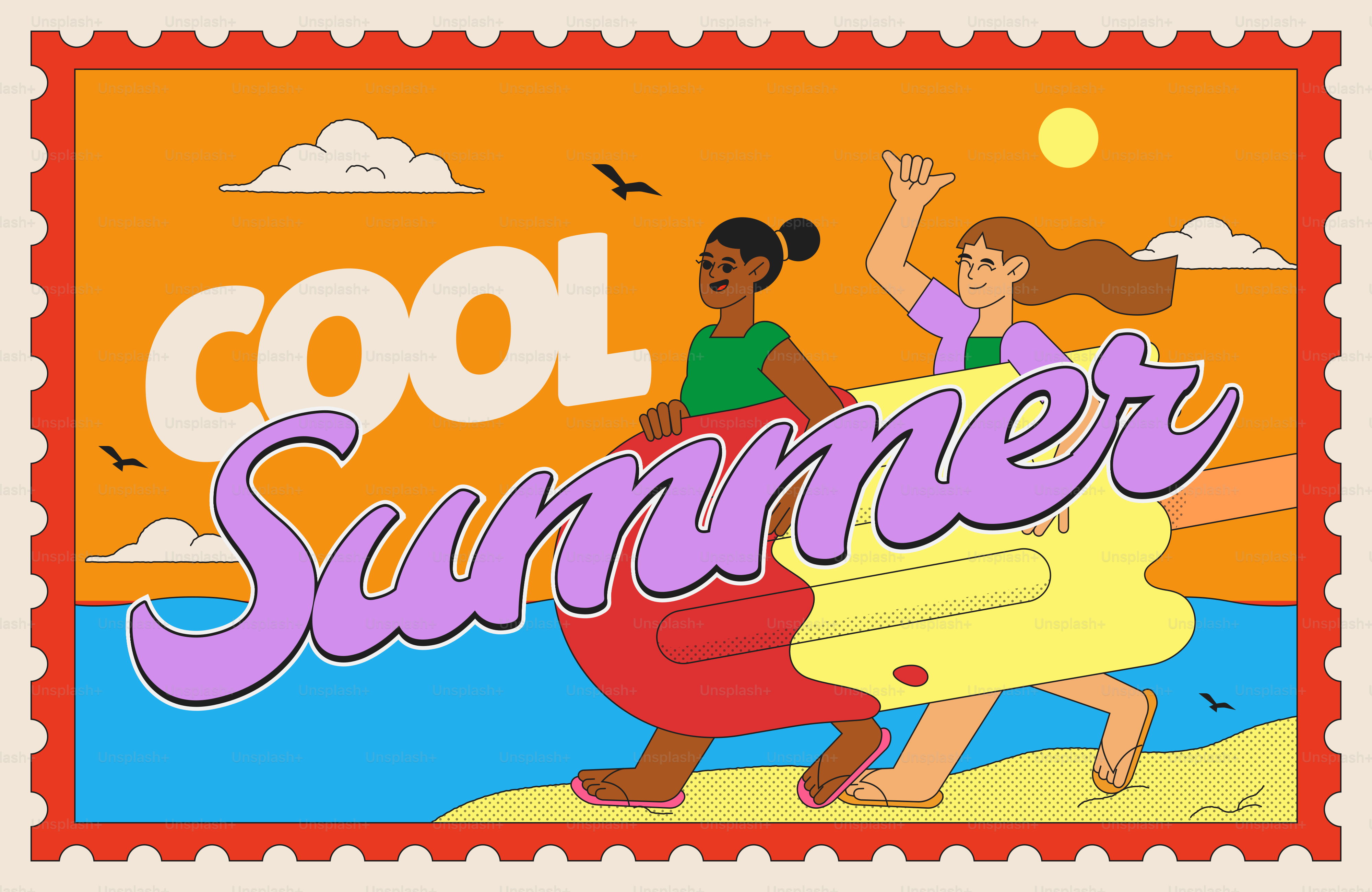 Two women on a beach with "cool summer" text.