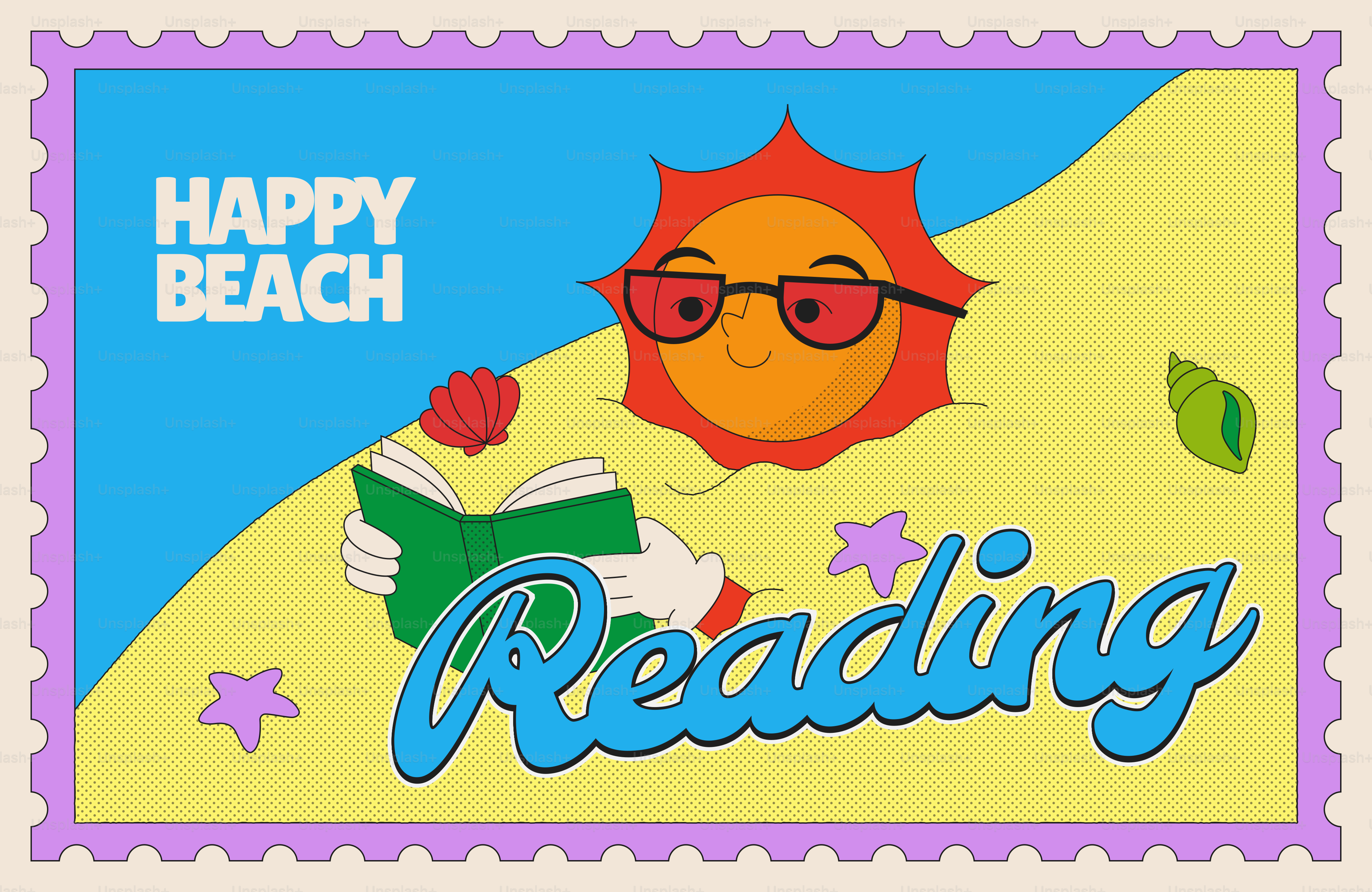 Cartoon sun in sunglasses reading a book on the beach.