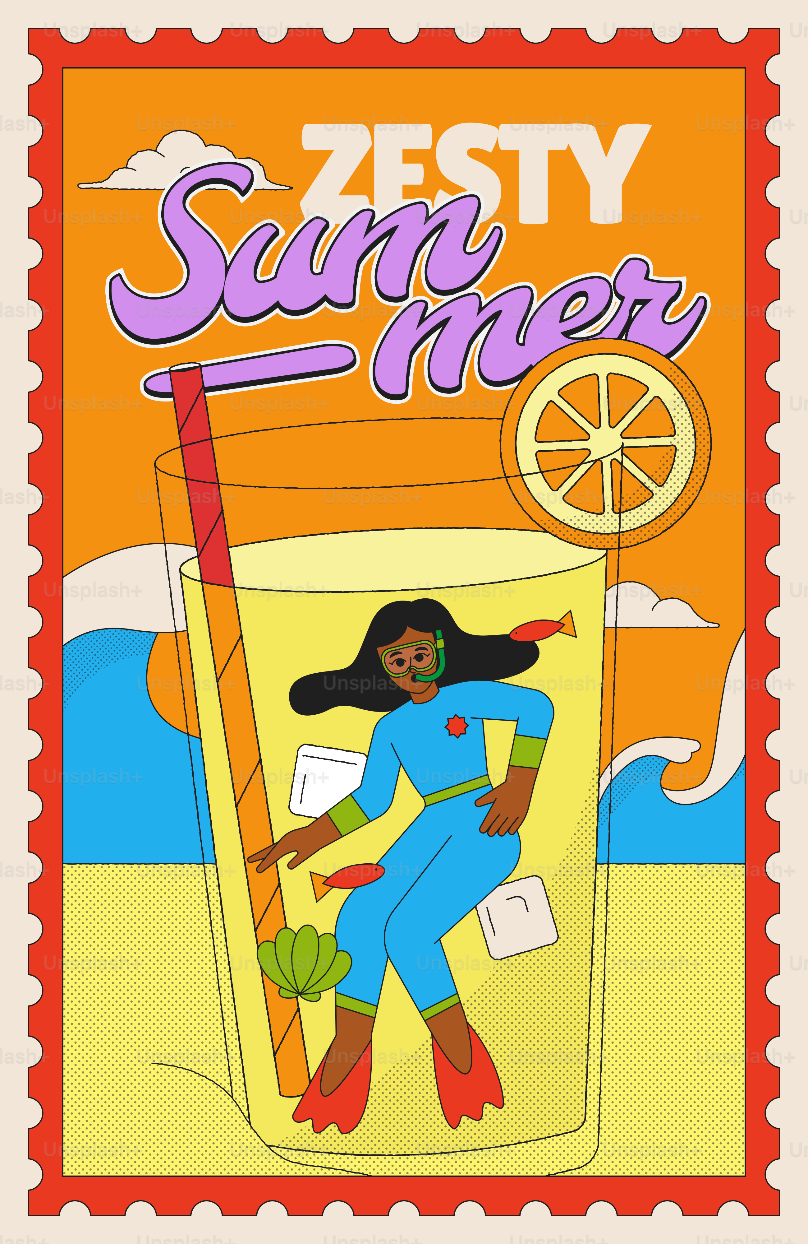 Retro "zesty summer" stamp with woman in a lemonade glass.