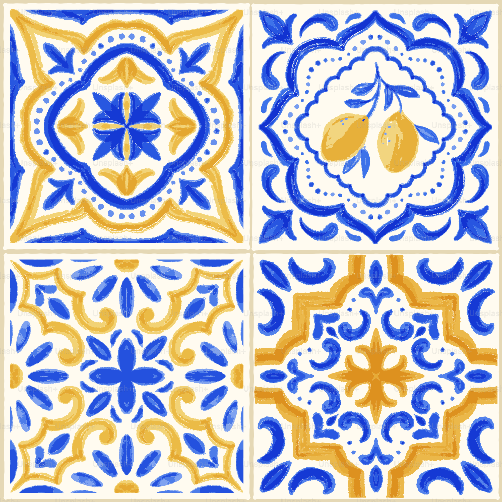 Four decorative tiles with blue and yellow mediterranean patterns.