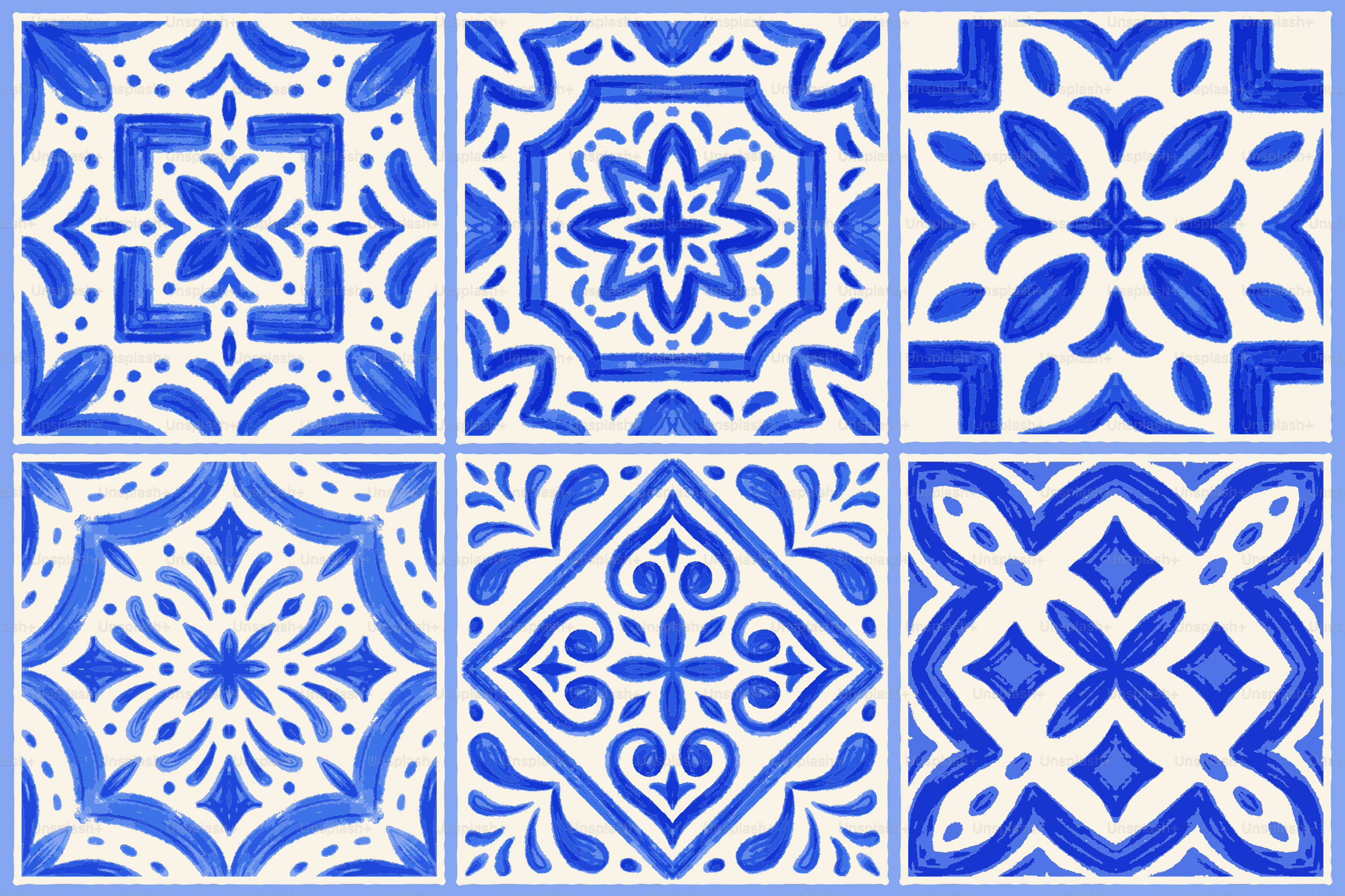 Six blue and white patterned ceramic tiles.