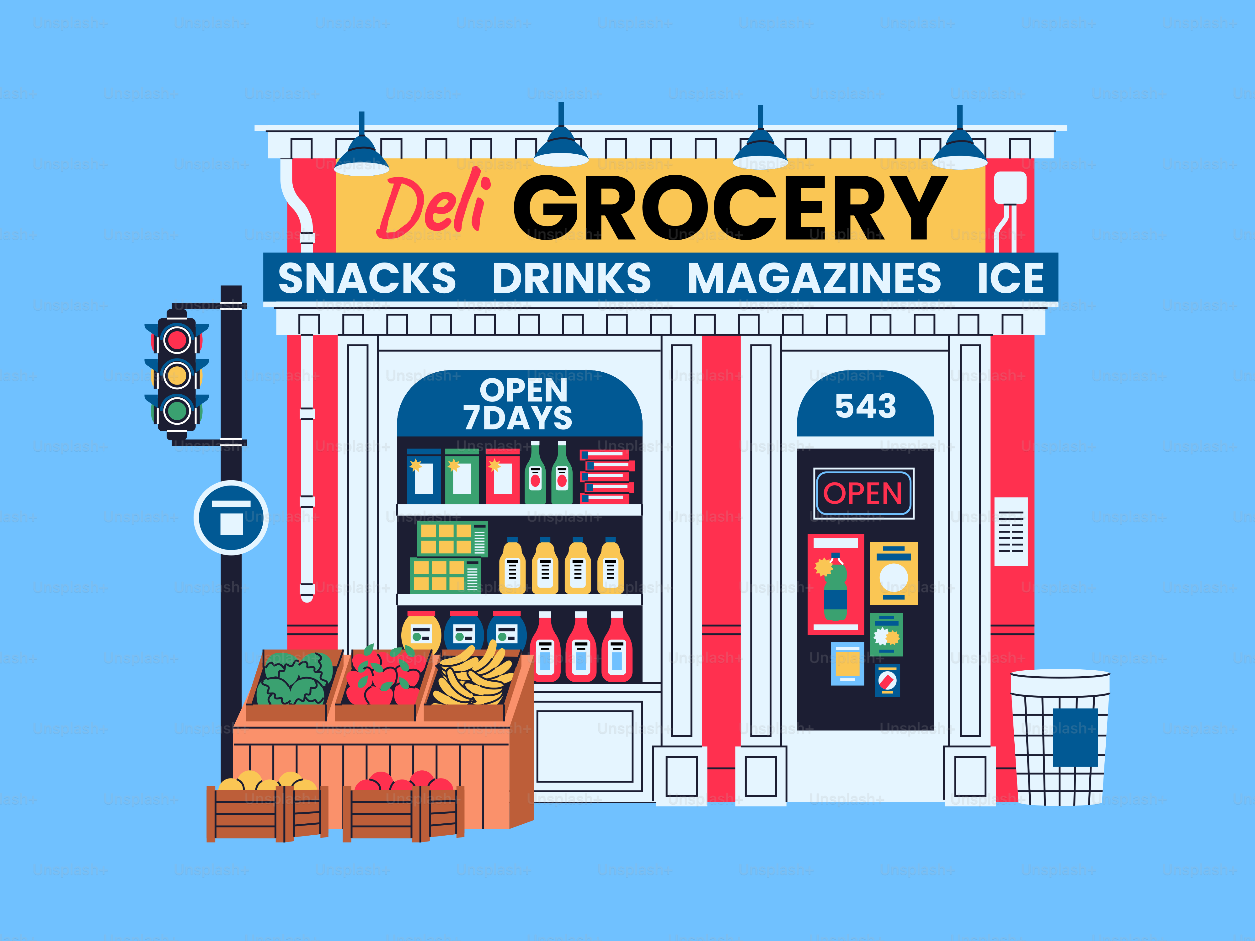 A cartoon grocery store with produce stand and street signs.