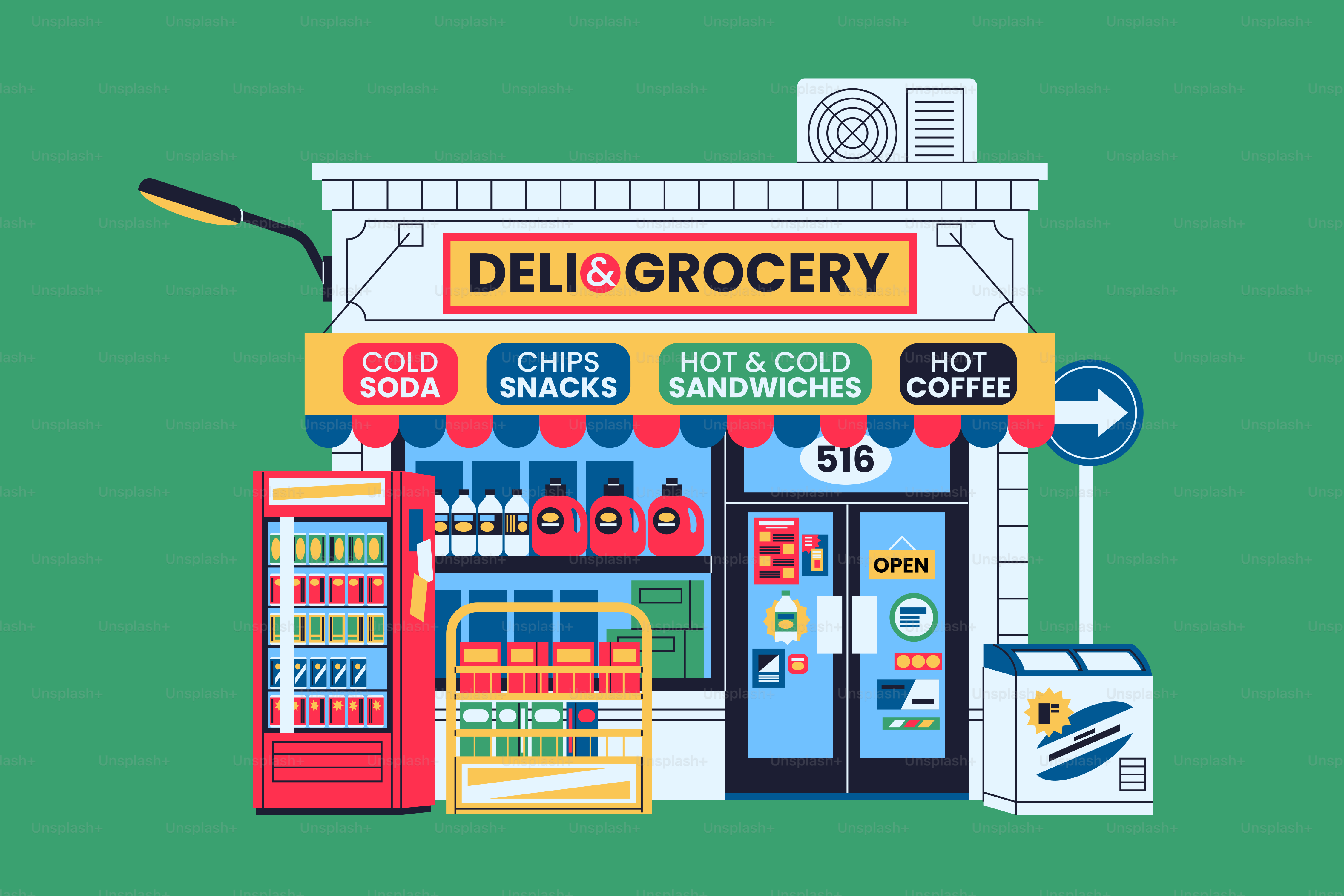 Colorful deli and grocery store building on a green background.