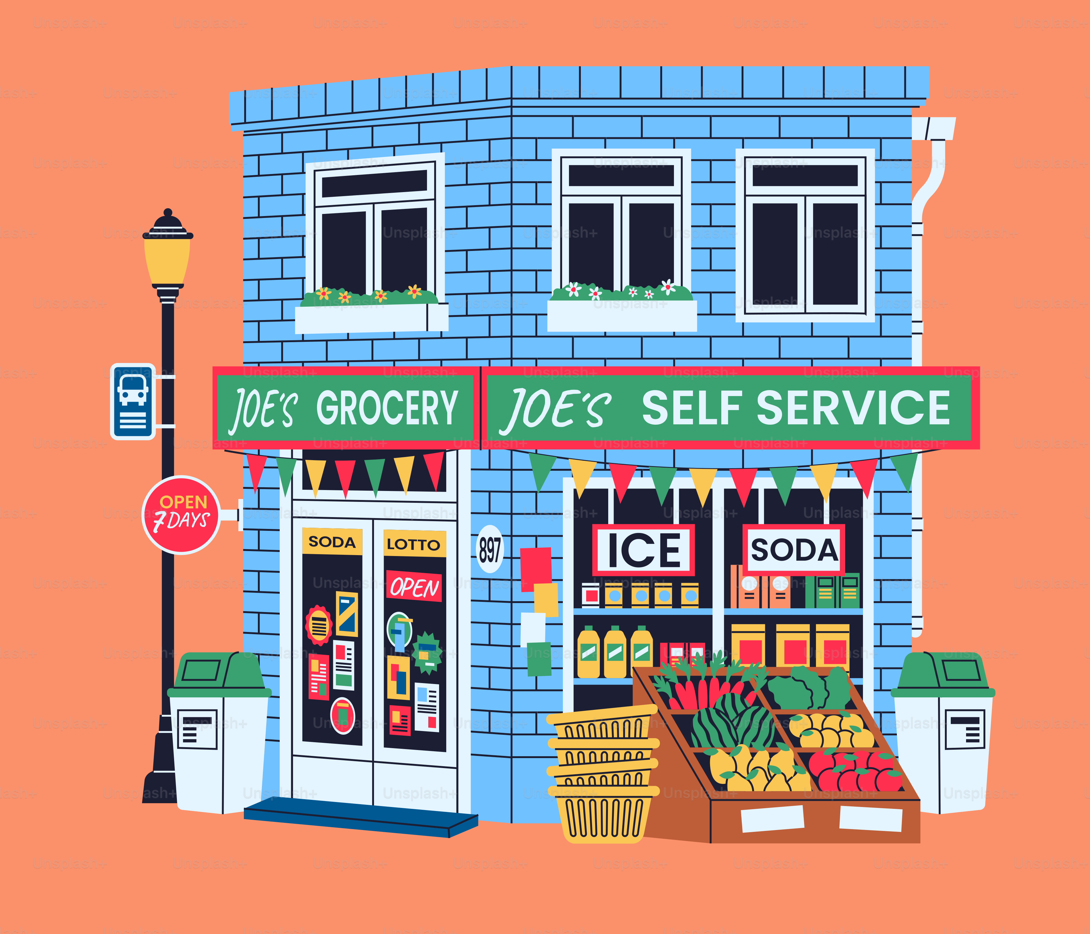 A charming blue brick grocery store with outdoor produce display.