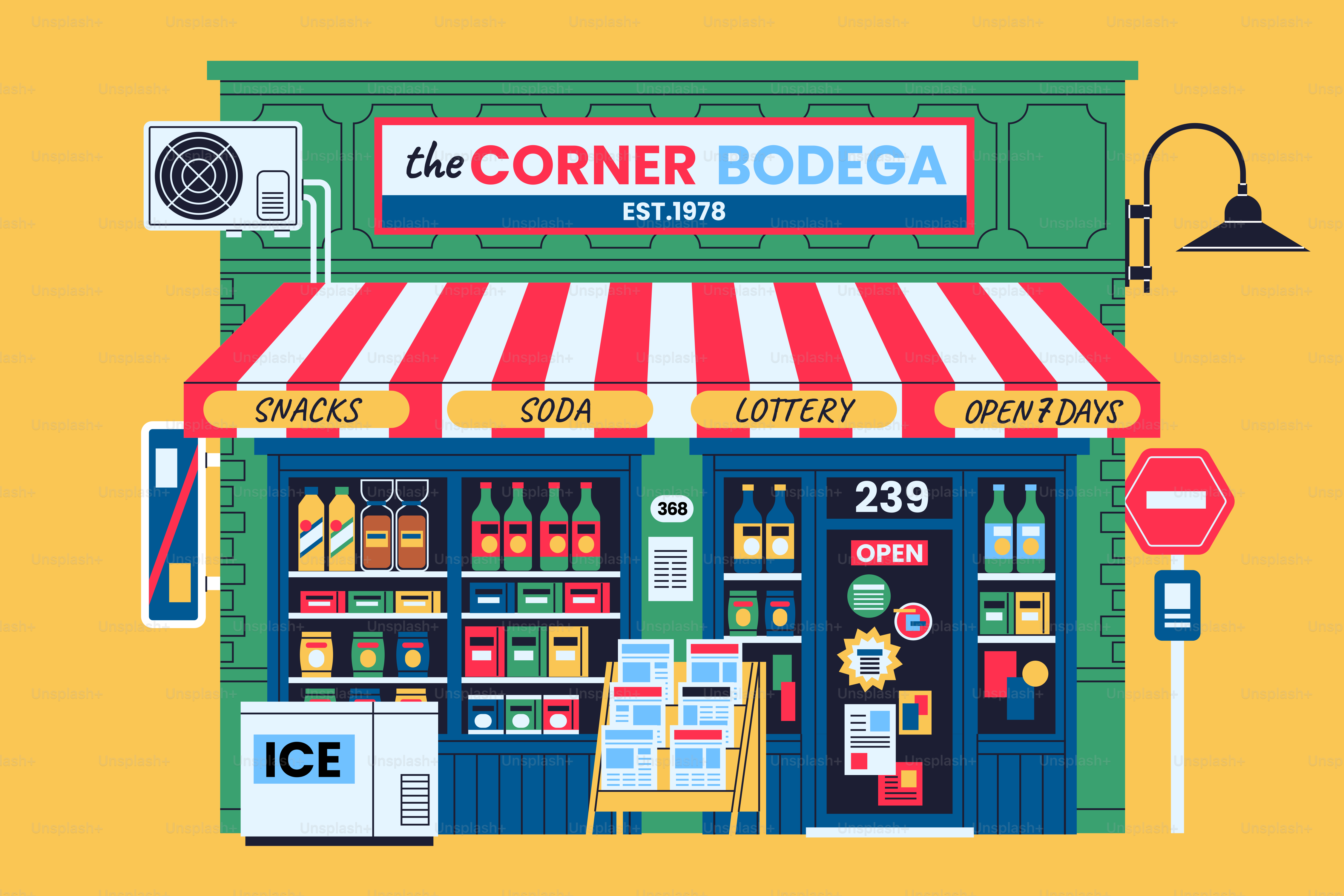 Illustrated "the corner bodega" convenience store with visible products.