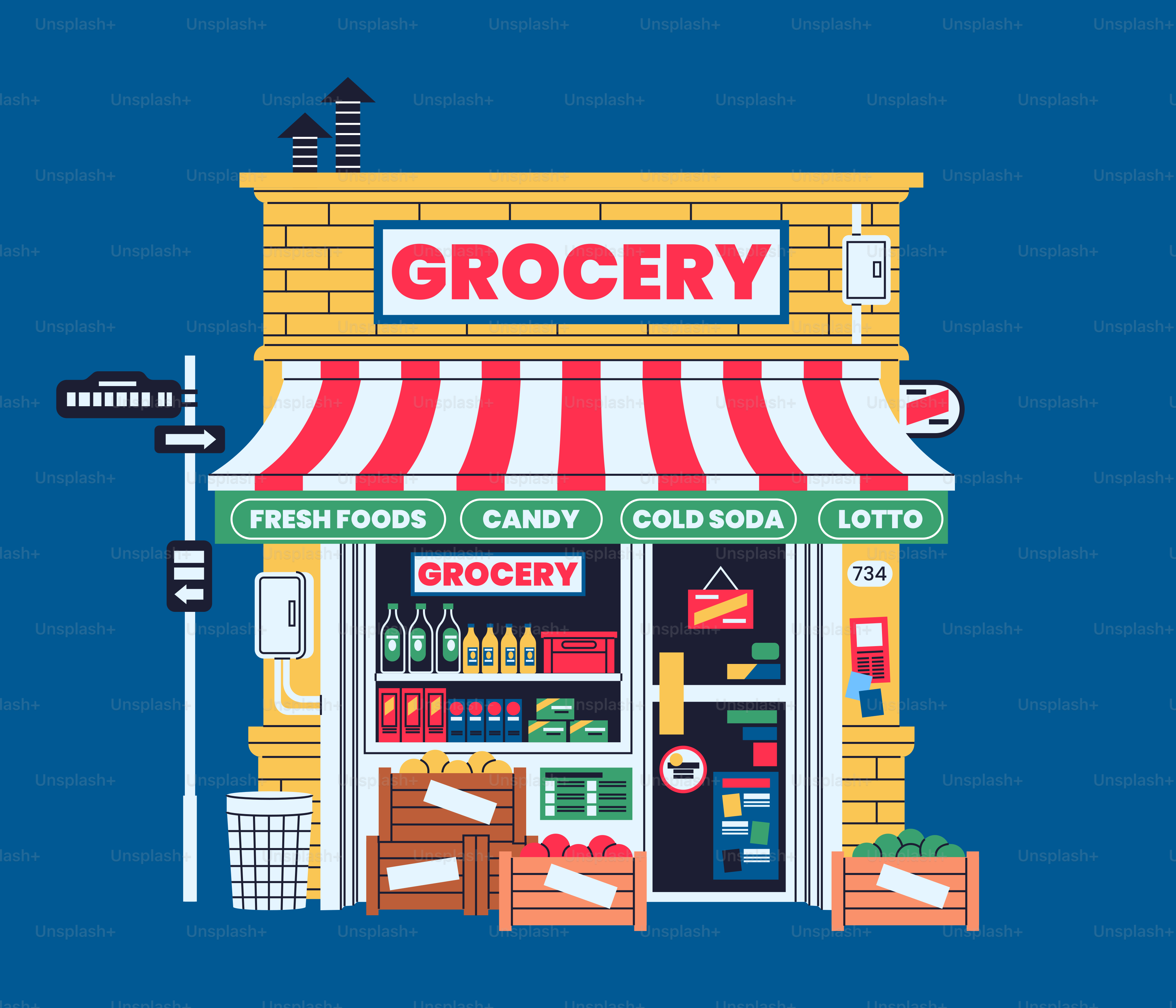 Colorful cartoon grocery store with fresh produce outside.