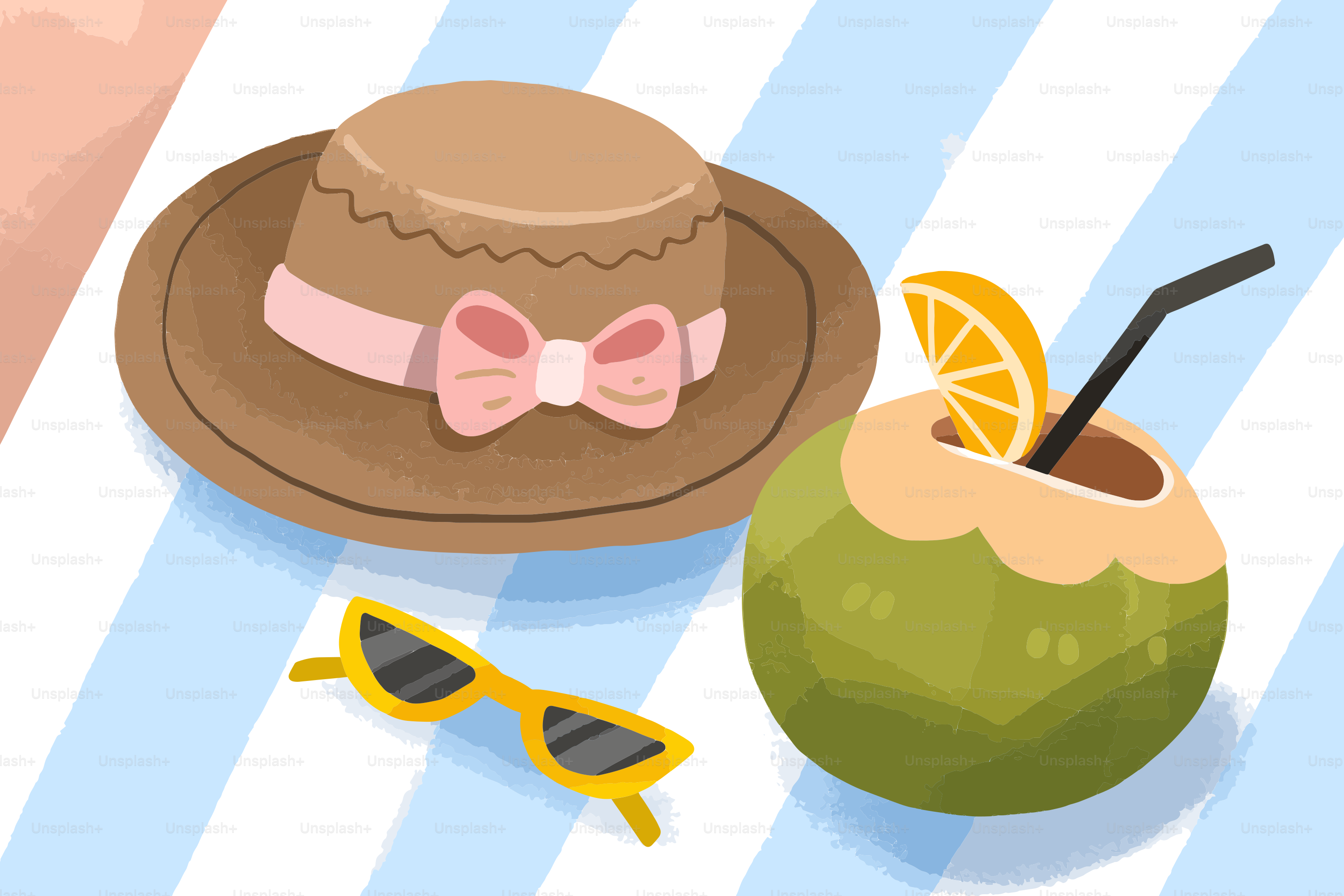 Summer hat, coconut drink, and sunglasses on a striped towel.