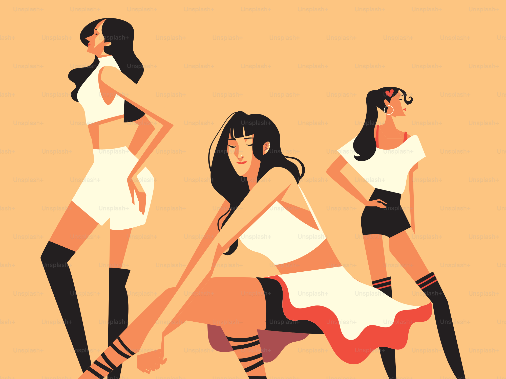 Three stylized women posing in fashionable outfits.