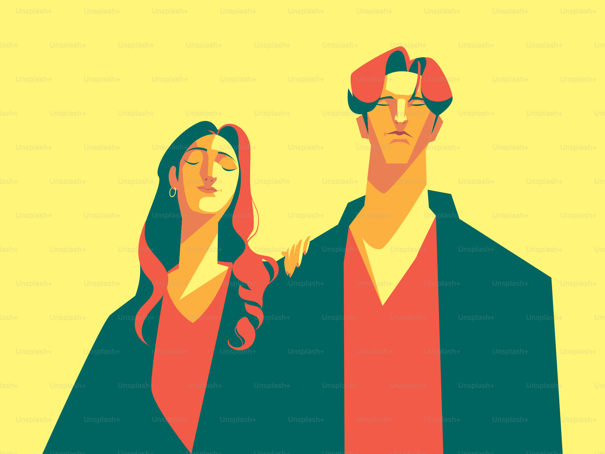 Stylized man and woman in contemplative pose on yellow background.