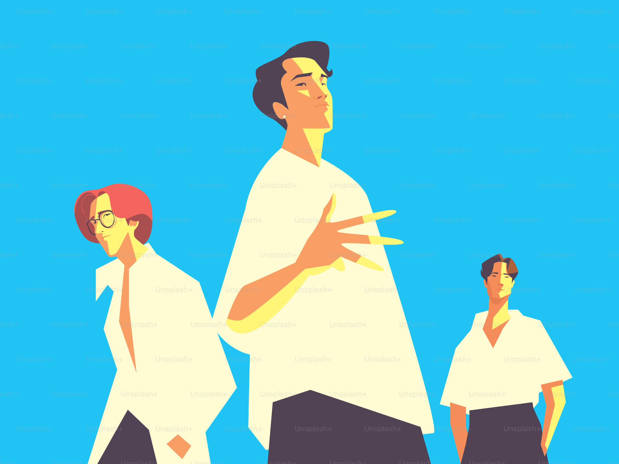 Three stylized men posing against a vibrant blue background.