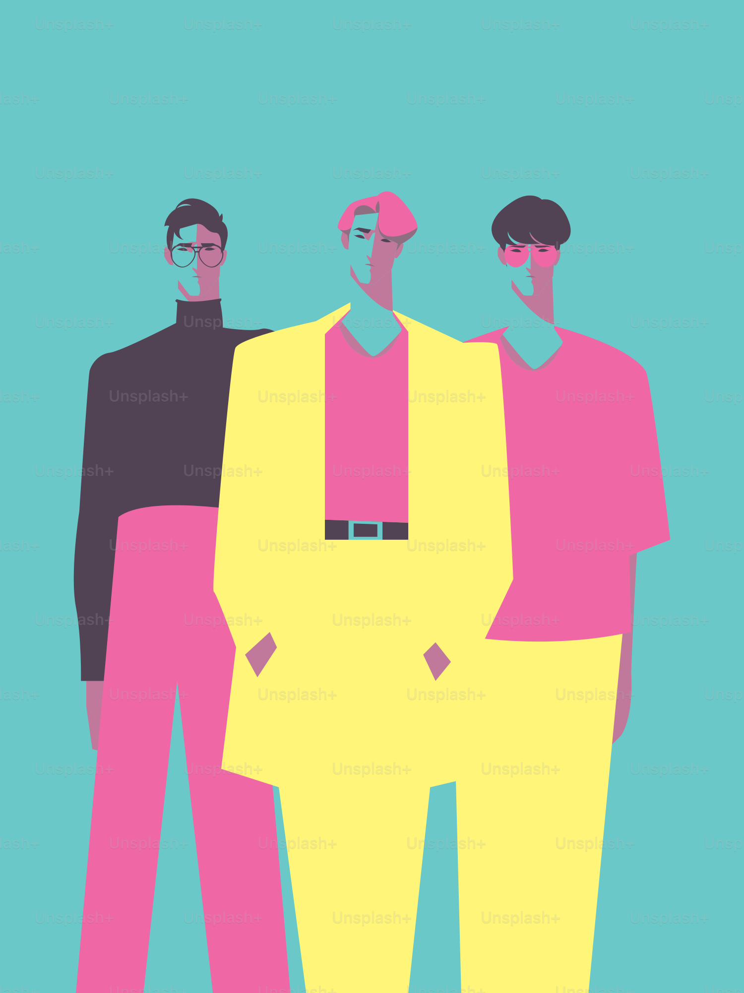Three men posing in vibrant, contrasting colors.