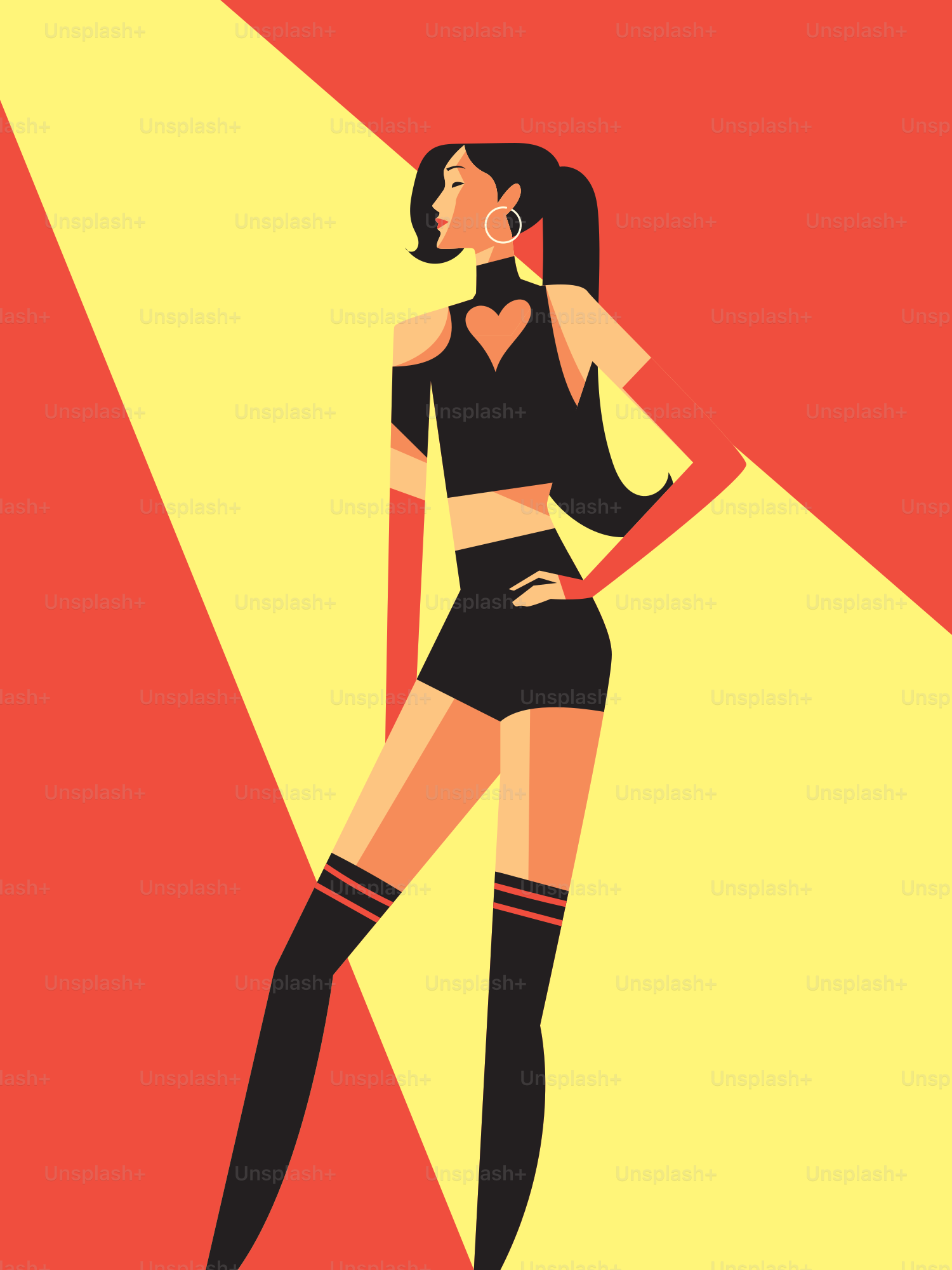Woman in black top and shorts posing under yellow spotlight.