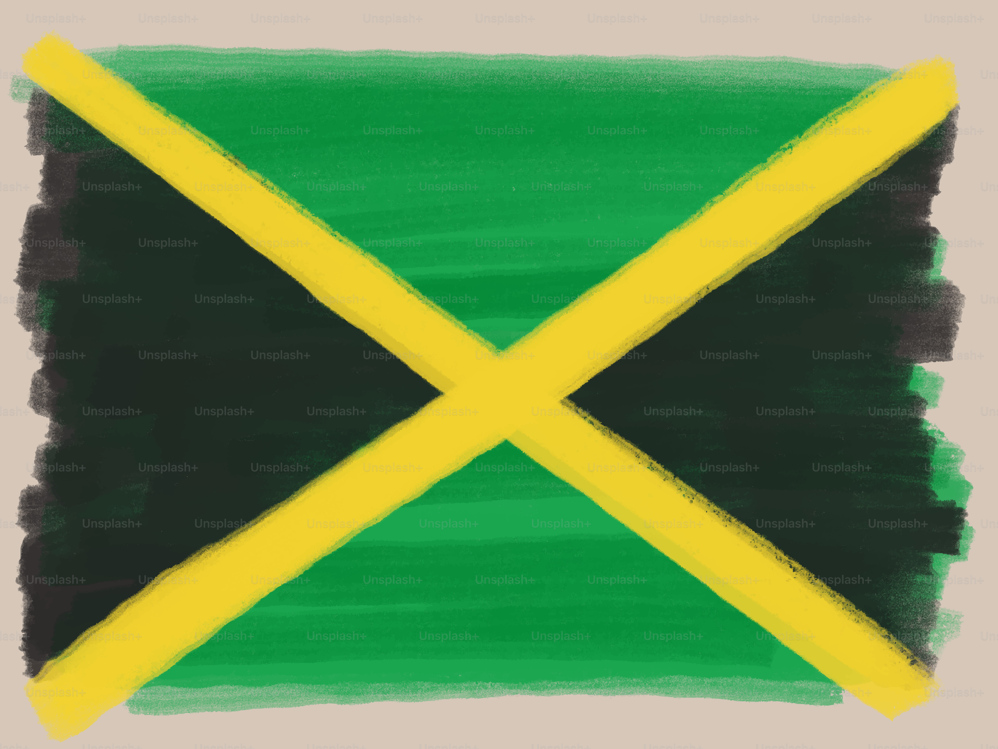 Una bandiera giamaicana disegnata a mano con colori verde, nero e giallo.