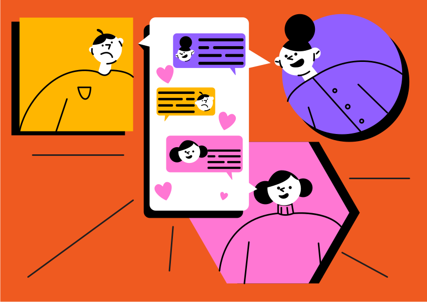 Orang-orang bergaya berinteraksi melalui obrolan online di smartphone.