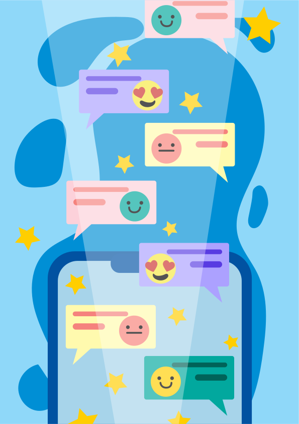 A smartphone displaying chat bubbles with various emojis and stars.