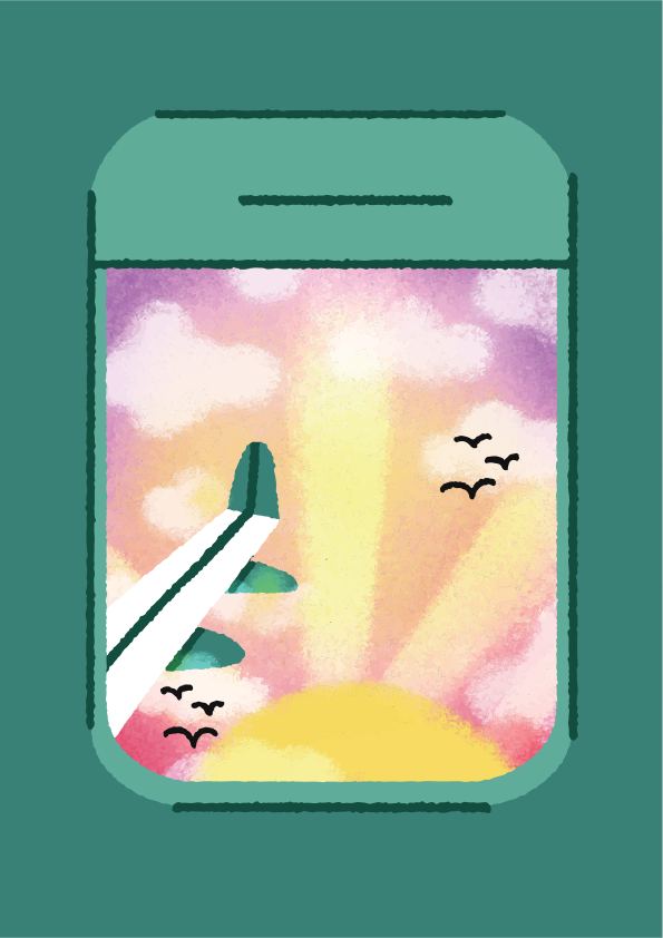 Airplane wing against a vibrant sunset sky with flying birds.