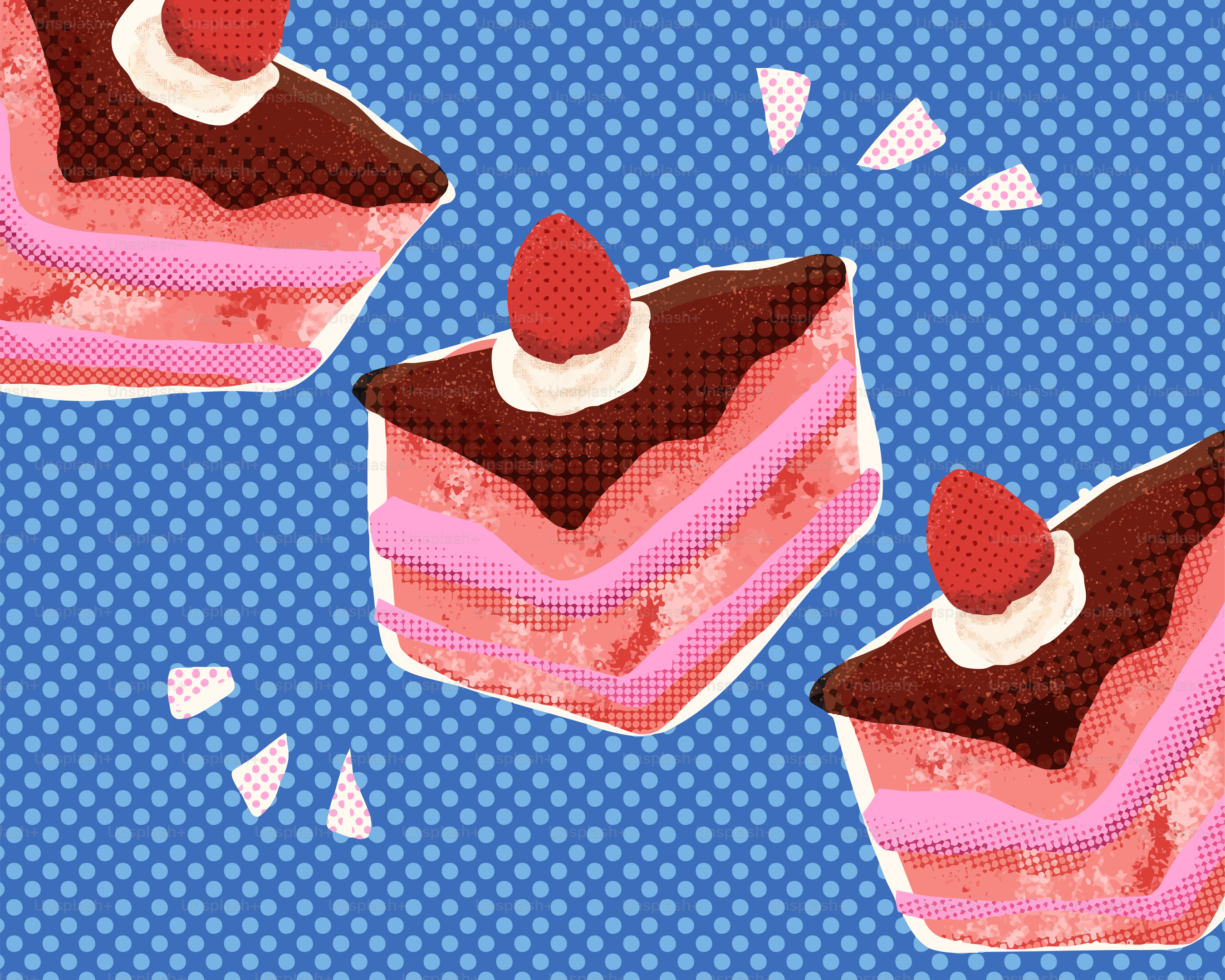 Three pink cake slices with strawberries on a blue background.