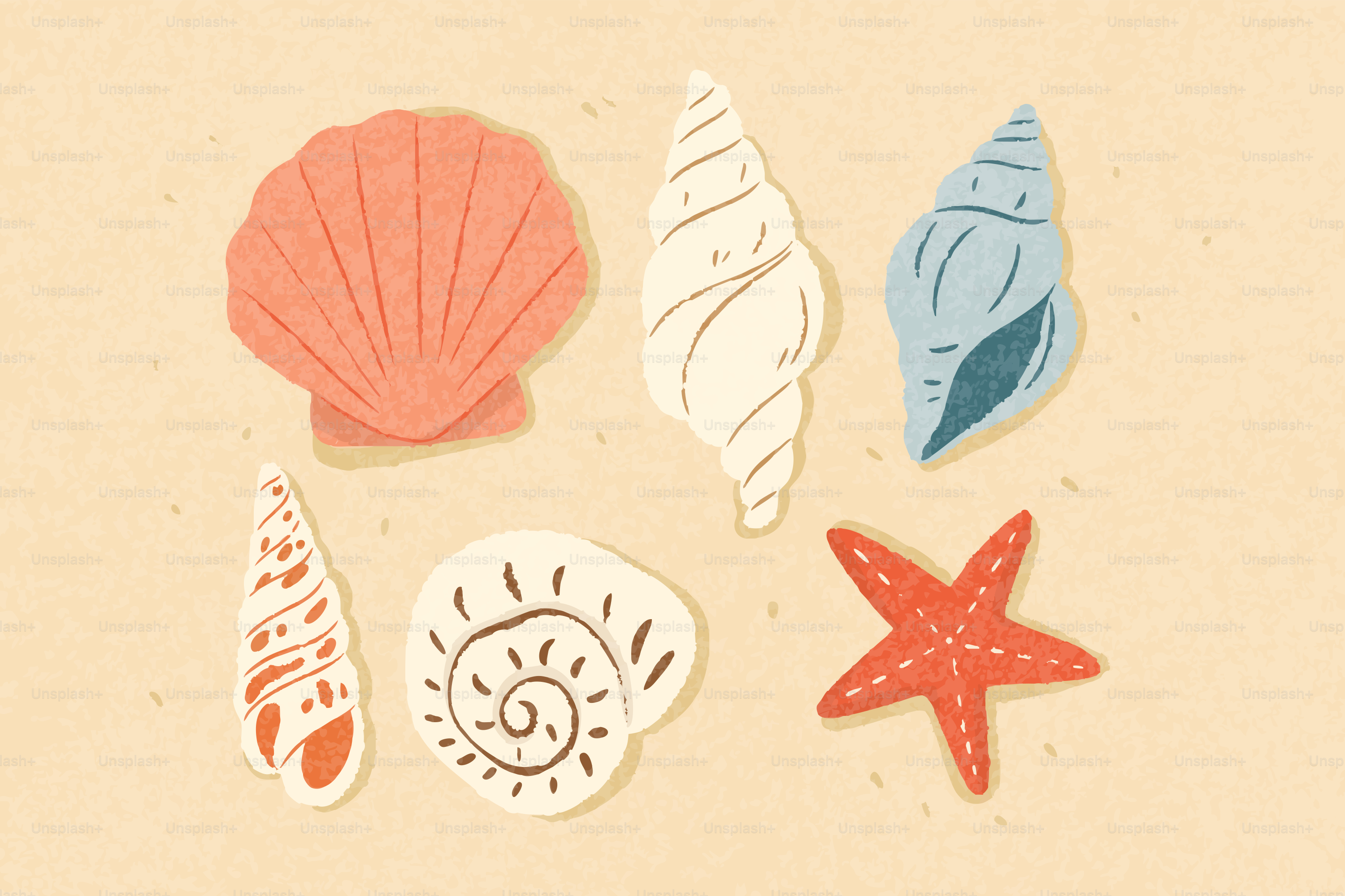 Various colorful seashells and a starfish on a sandy background.