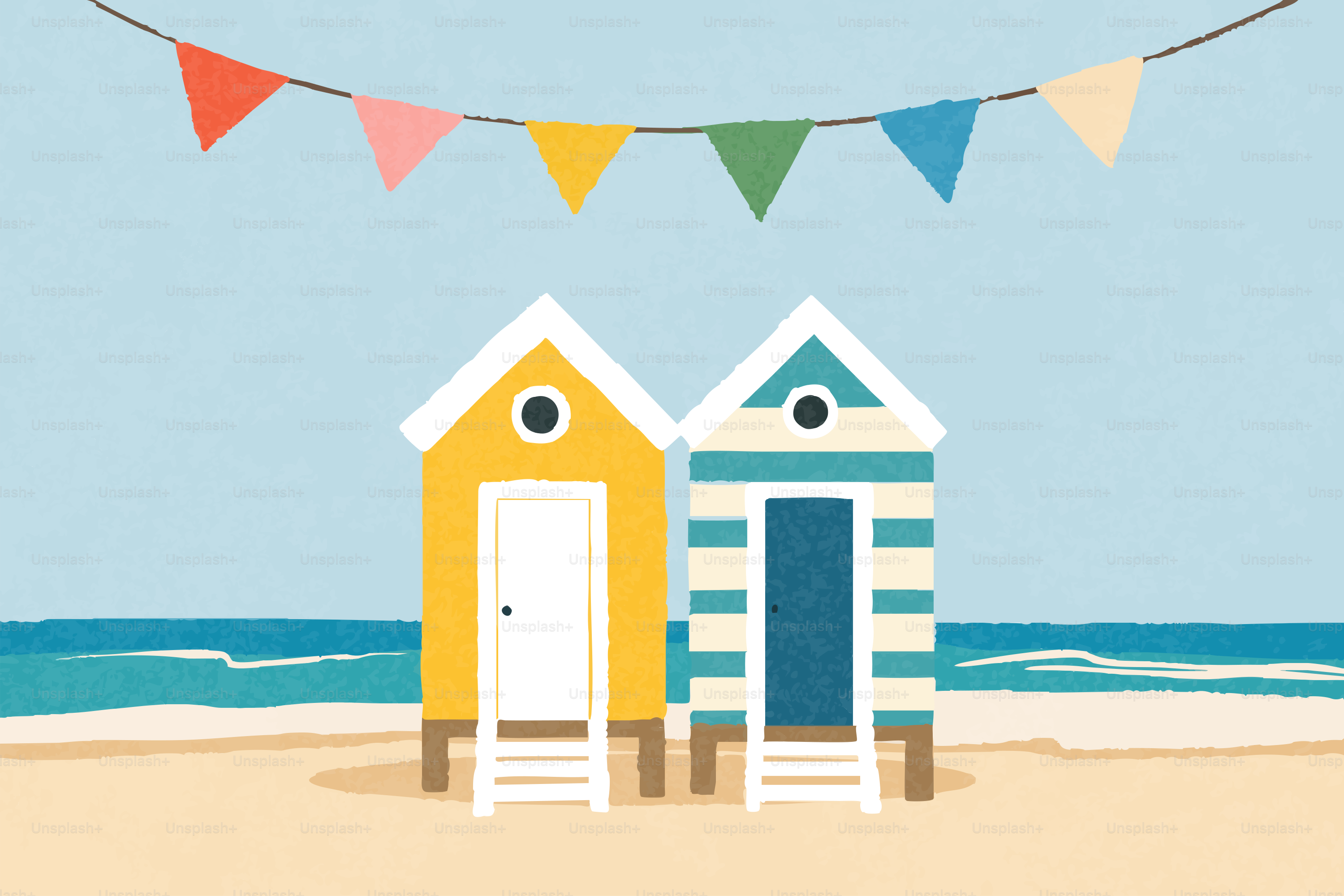 Two colorful beach huts on a sandy beach with bunting