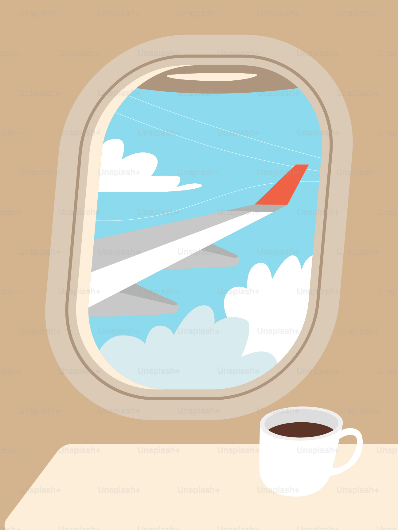 Airplane wing, clouds, and coffee cup seen from window.