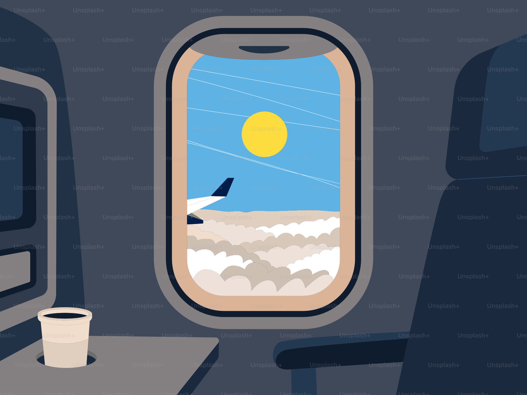 View from an airplane window with sun, clouds, and coffee.