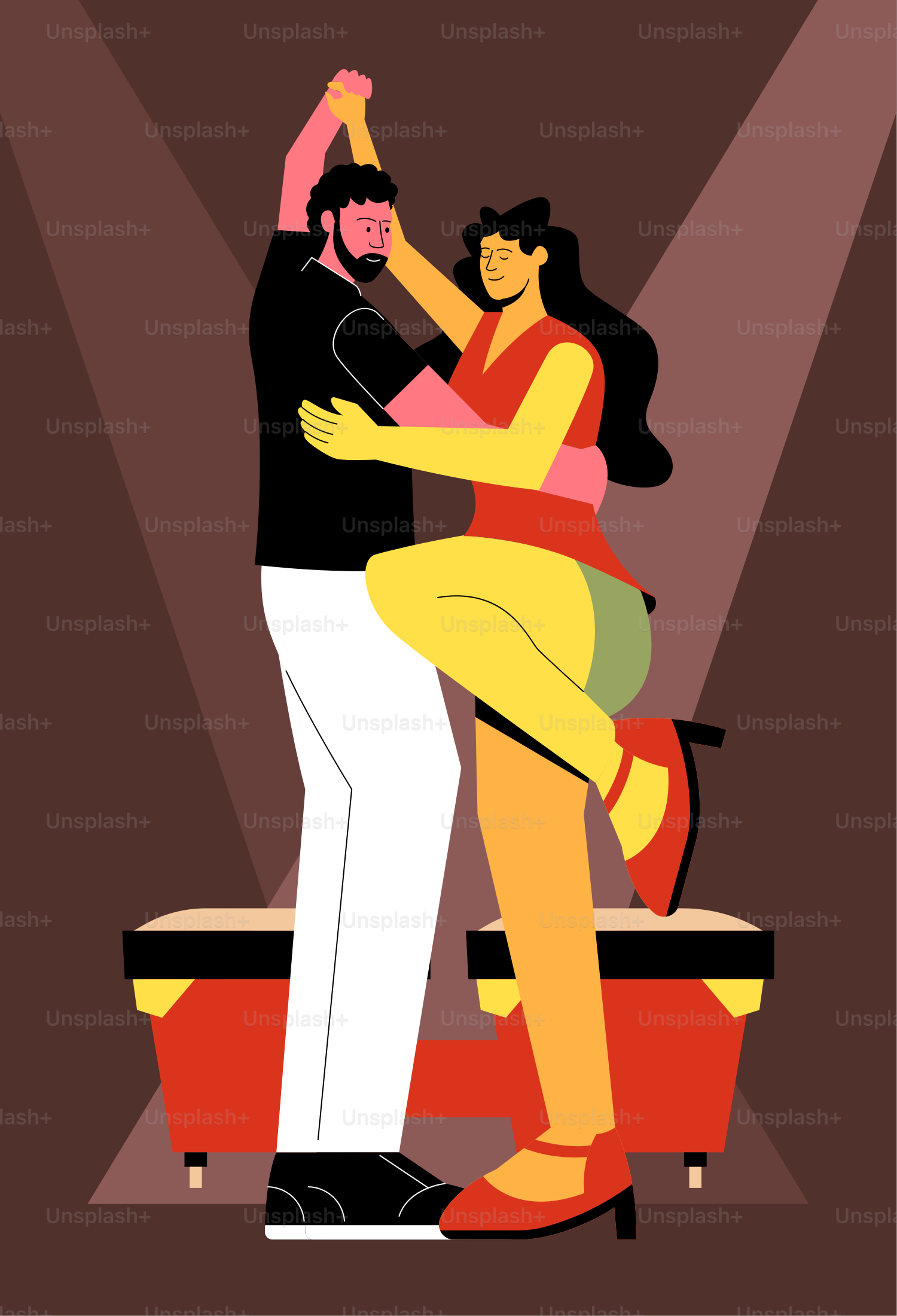 A man and woman dancing salsa under spotlights near drums.