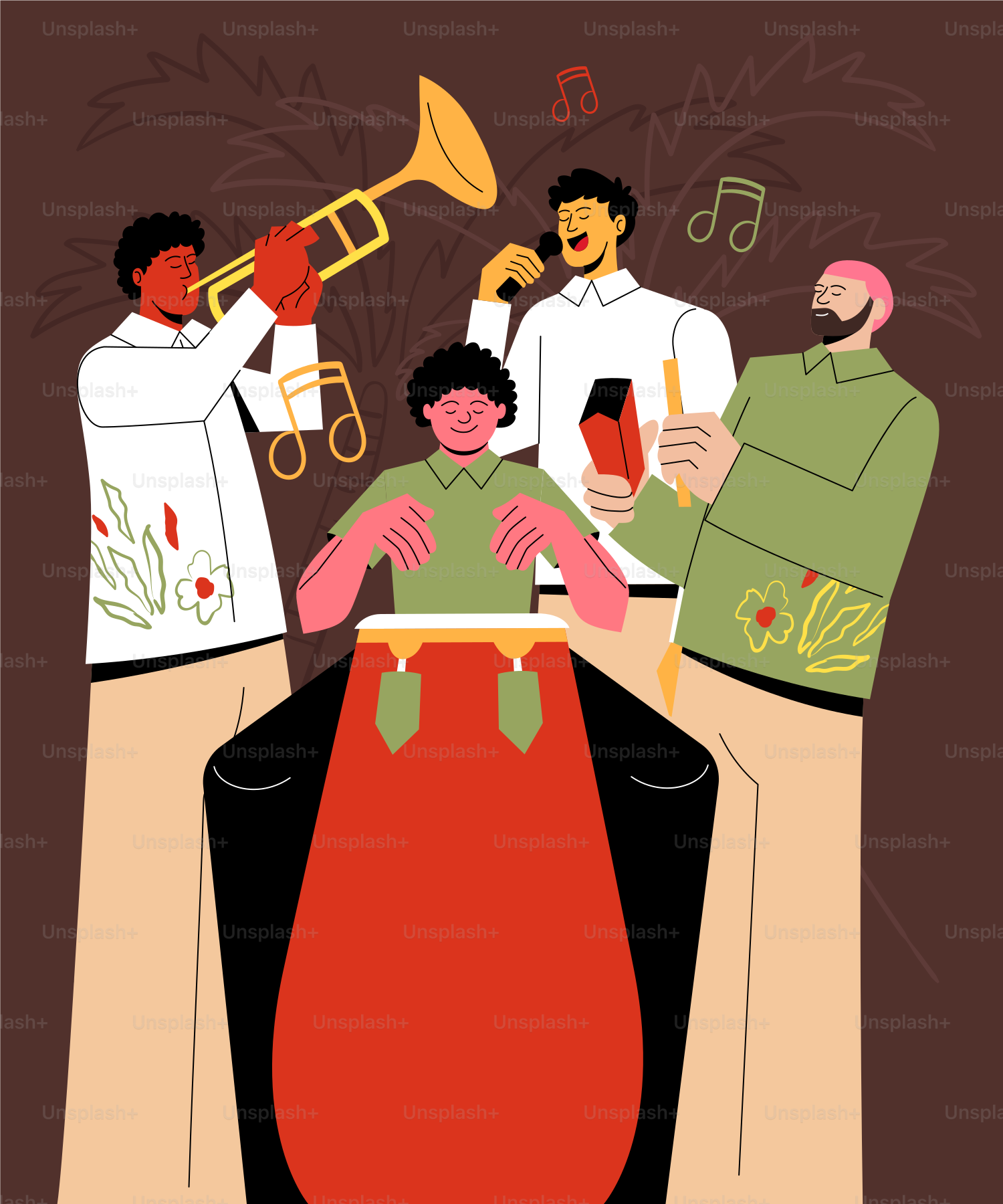 Four musicians perform with trumpet, conga drums, and vocals.