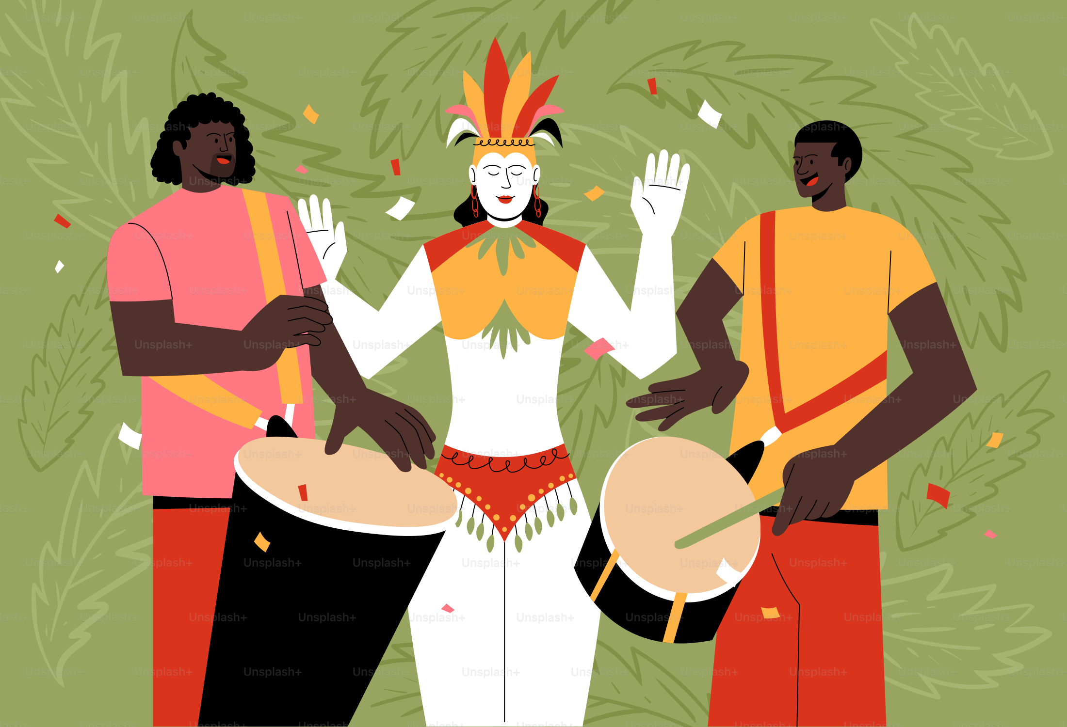 A dancer in carnival costume with two drummers and confetti.