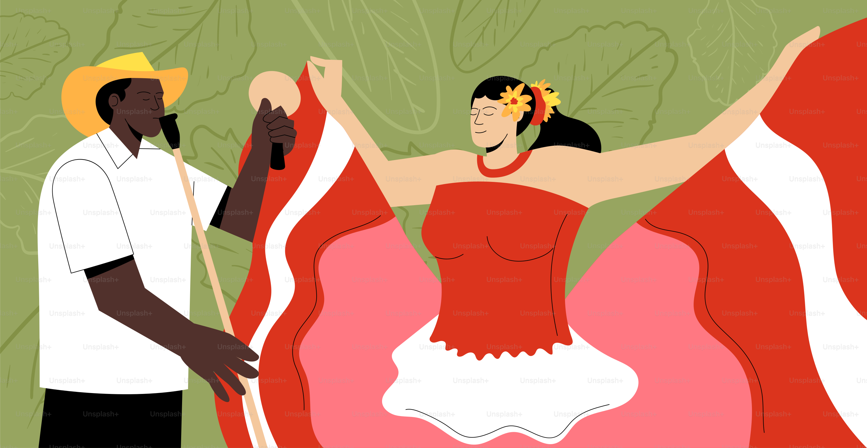 Man playing instrument while woman dances in traditional dress.