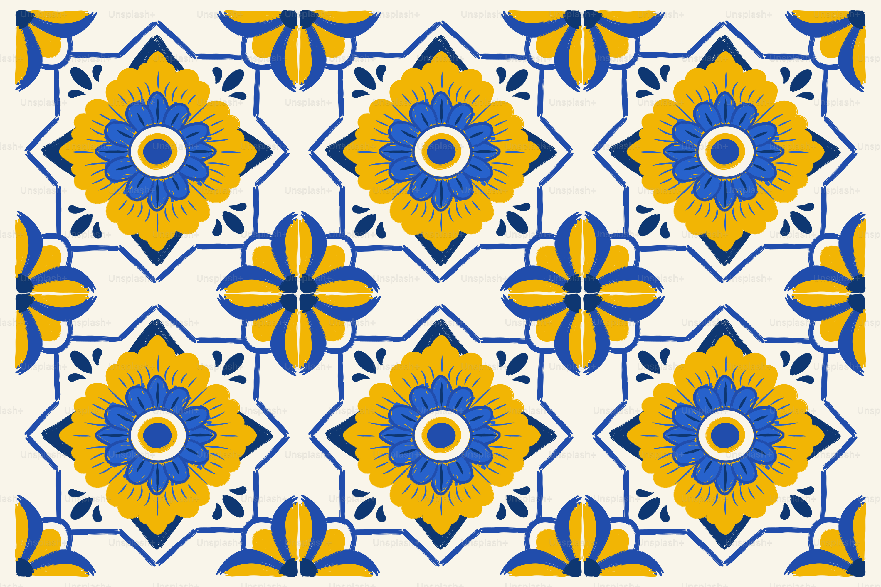 Blue and yellow floral geometric pattern on a light background.