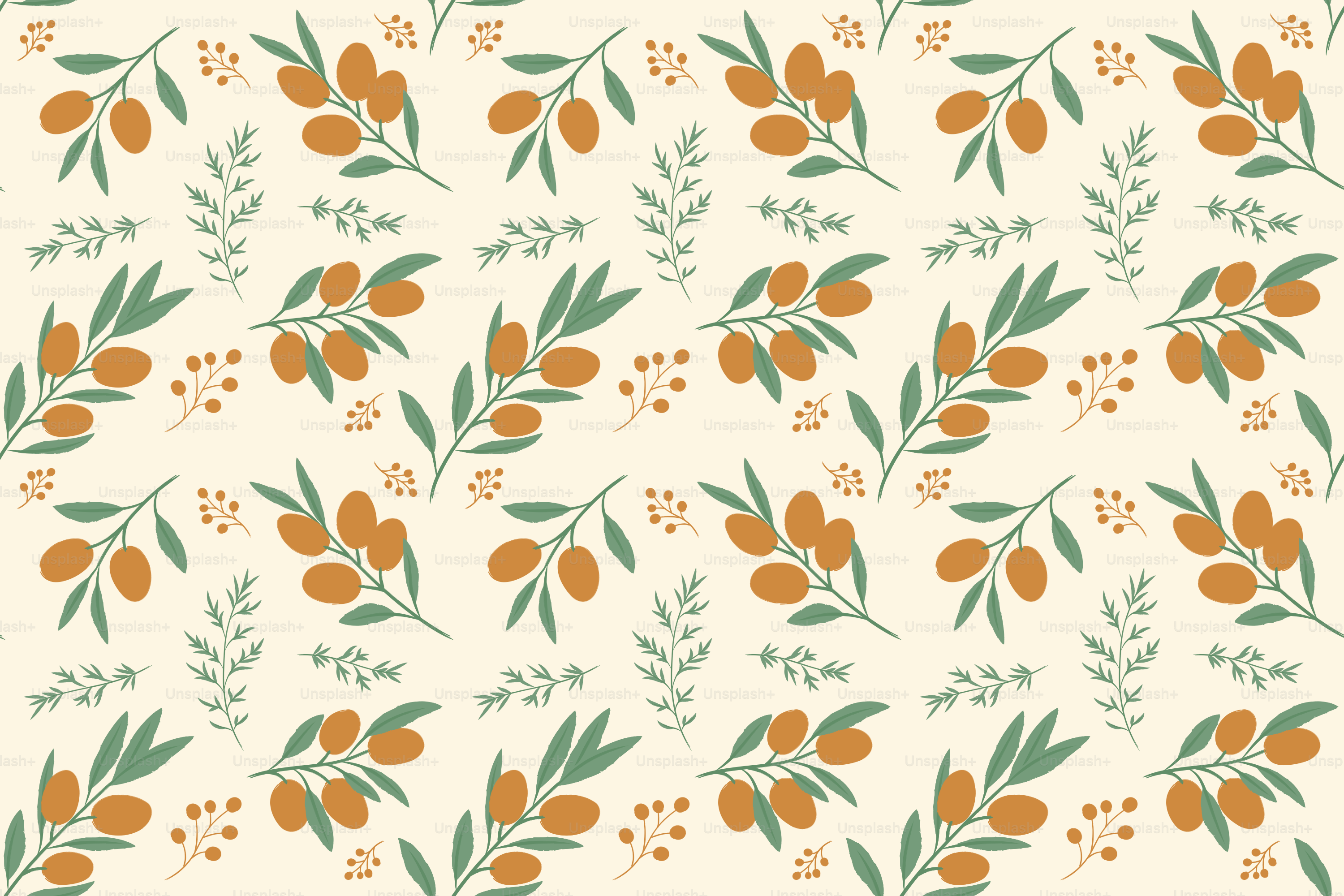 Pattern of olive branches with orange olives and red berries.
