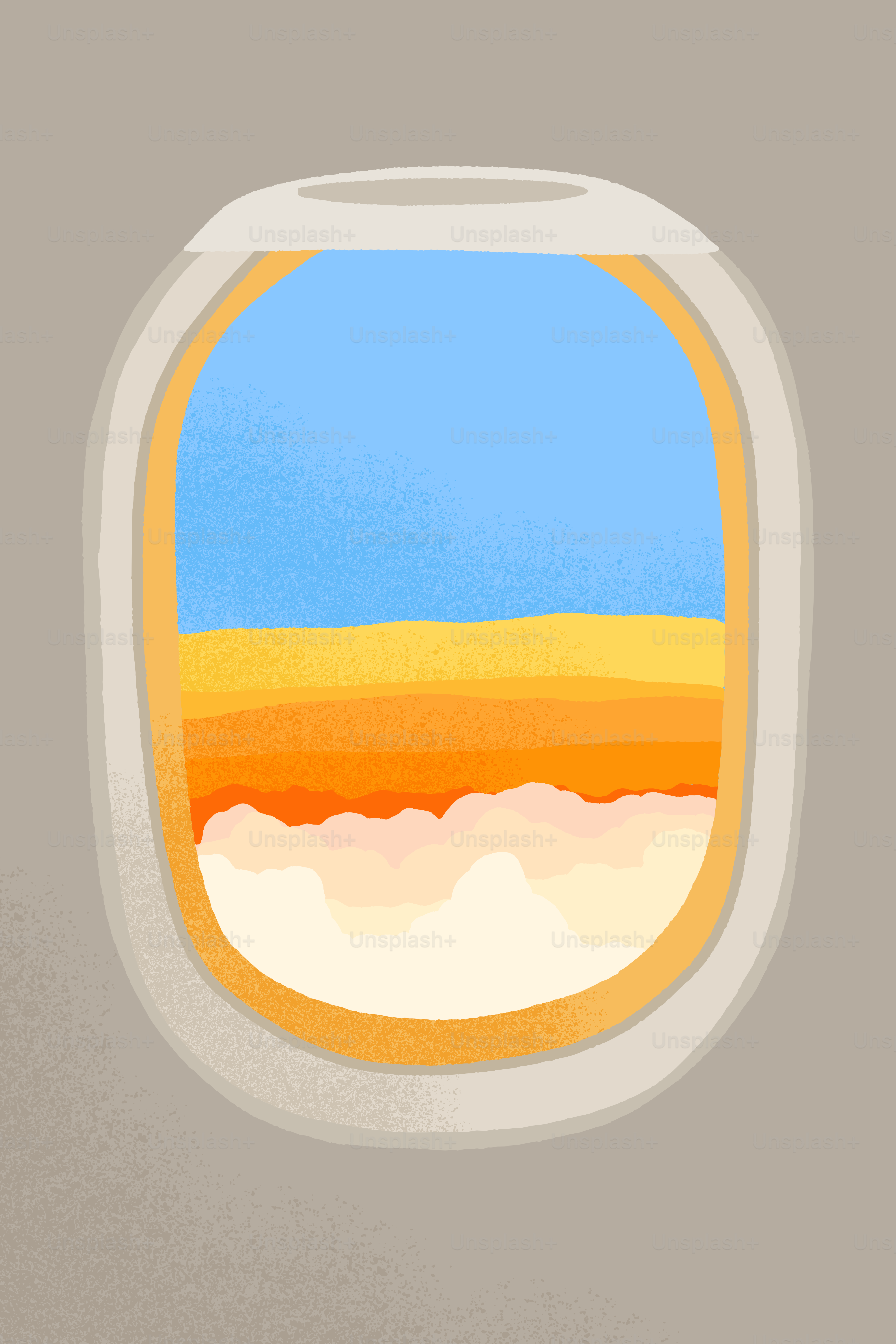Aerial view from airplane window with sky, desert, and clouds.