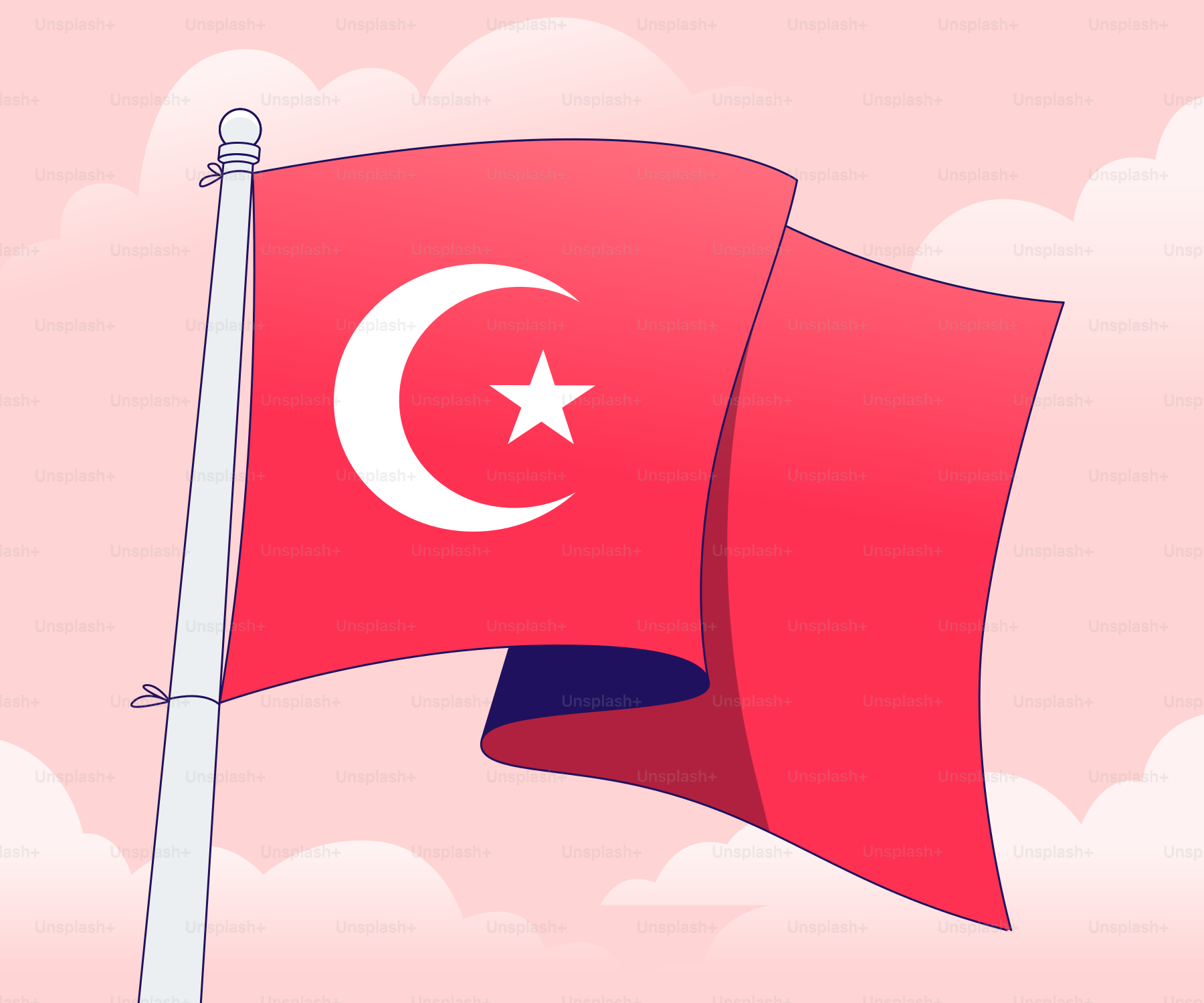 Die türkische Flagge weht vor einem rosa, bewölkten Himmel.
