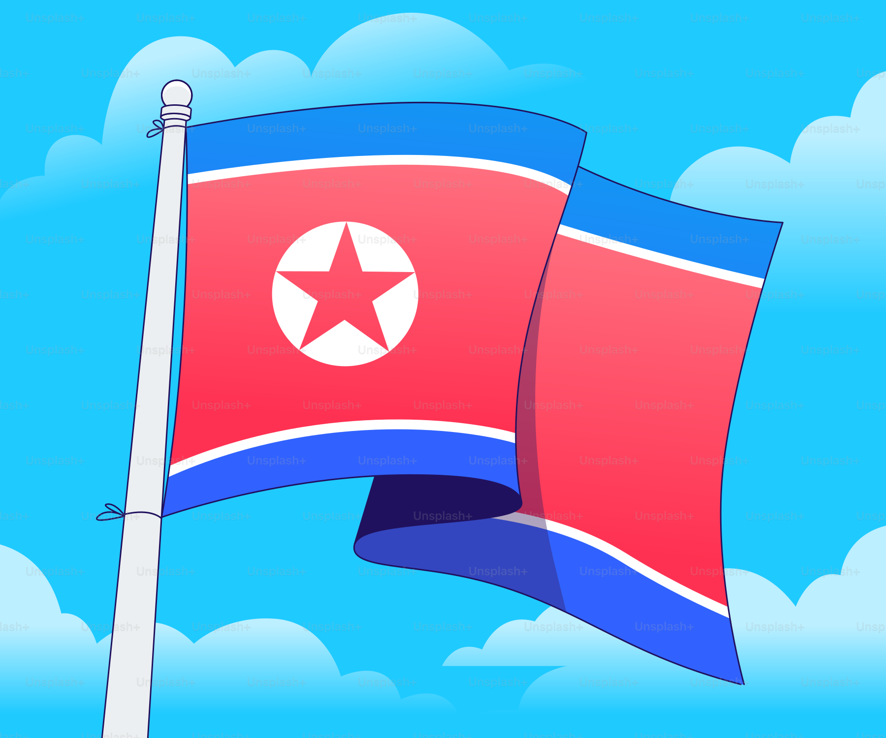 The north korean flag waves against a blue sky.