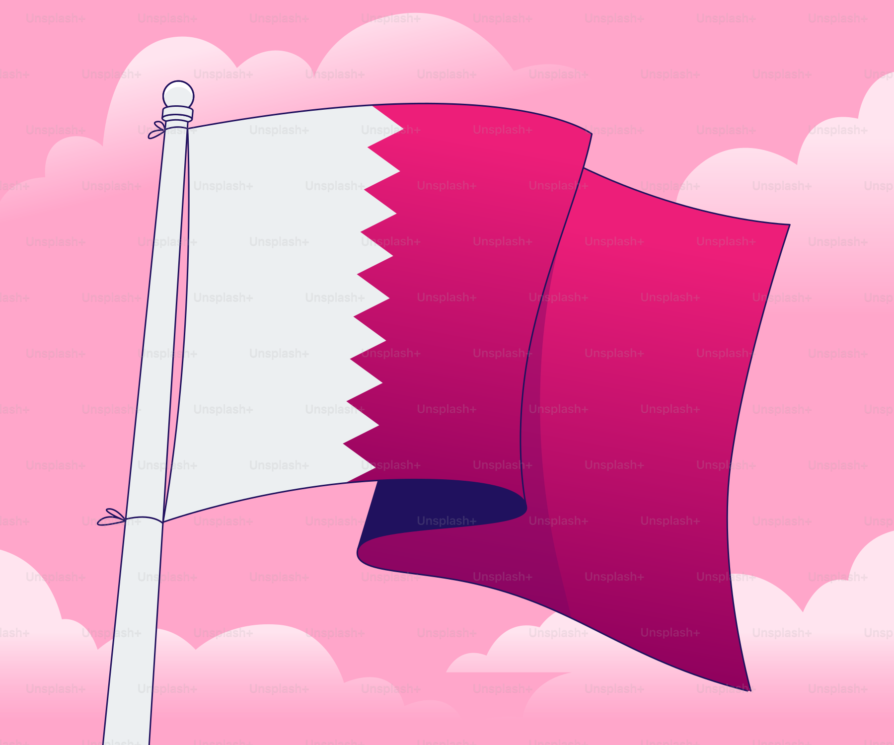 Die Flagge von Katar weht gegen einen rosa, bewölkten Himmel.