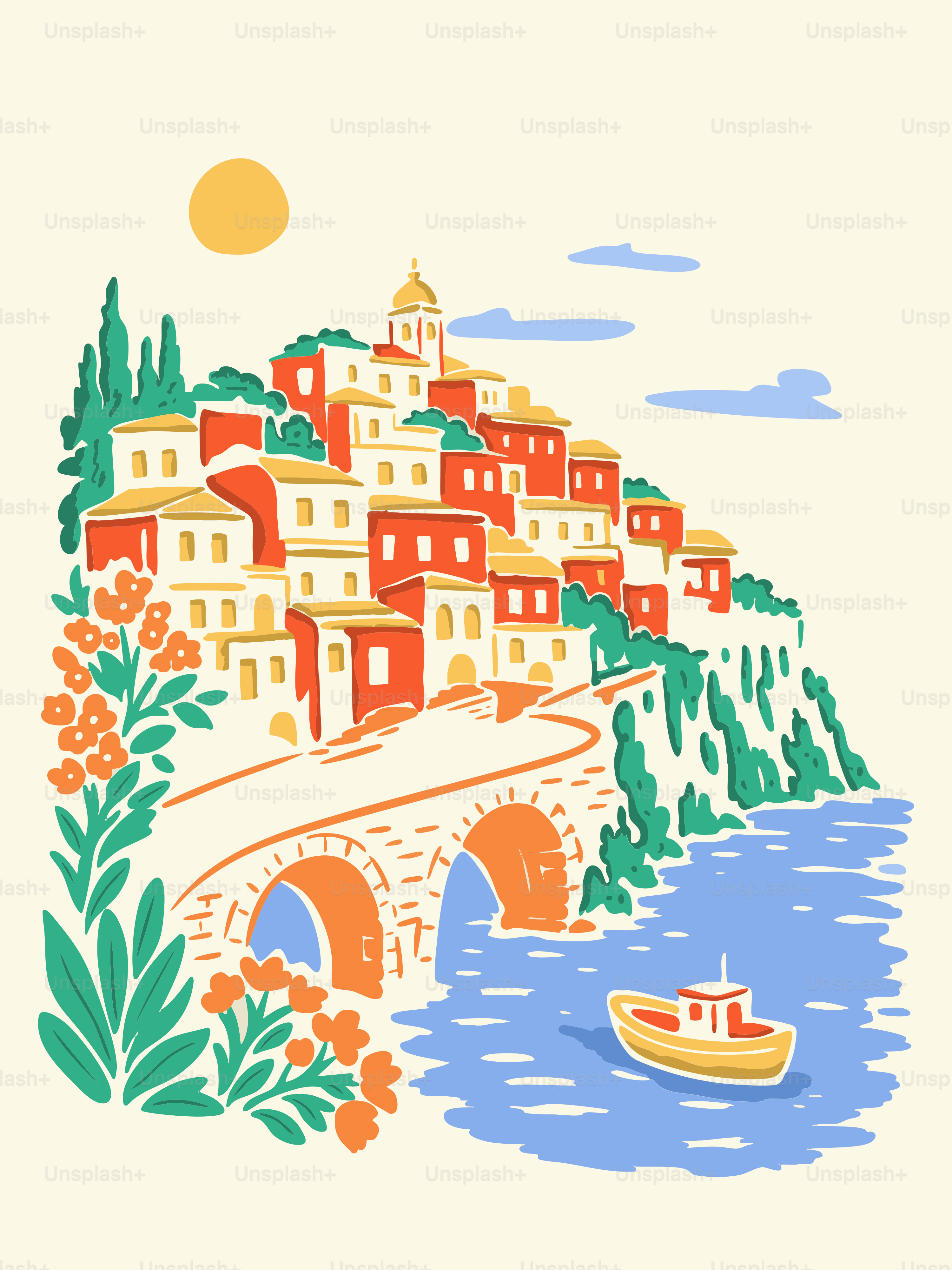 Ville côtière méditerranéenne illustrée avec un pont et un bateau.