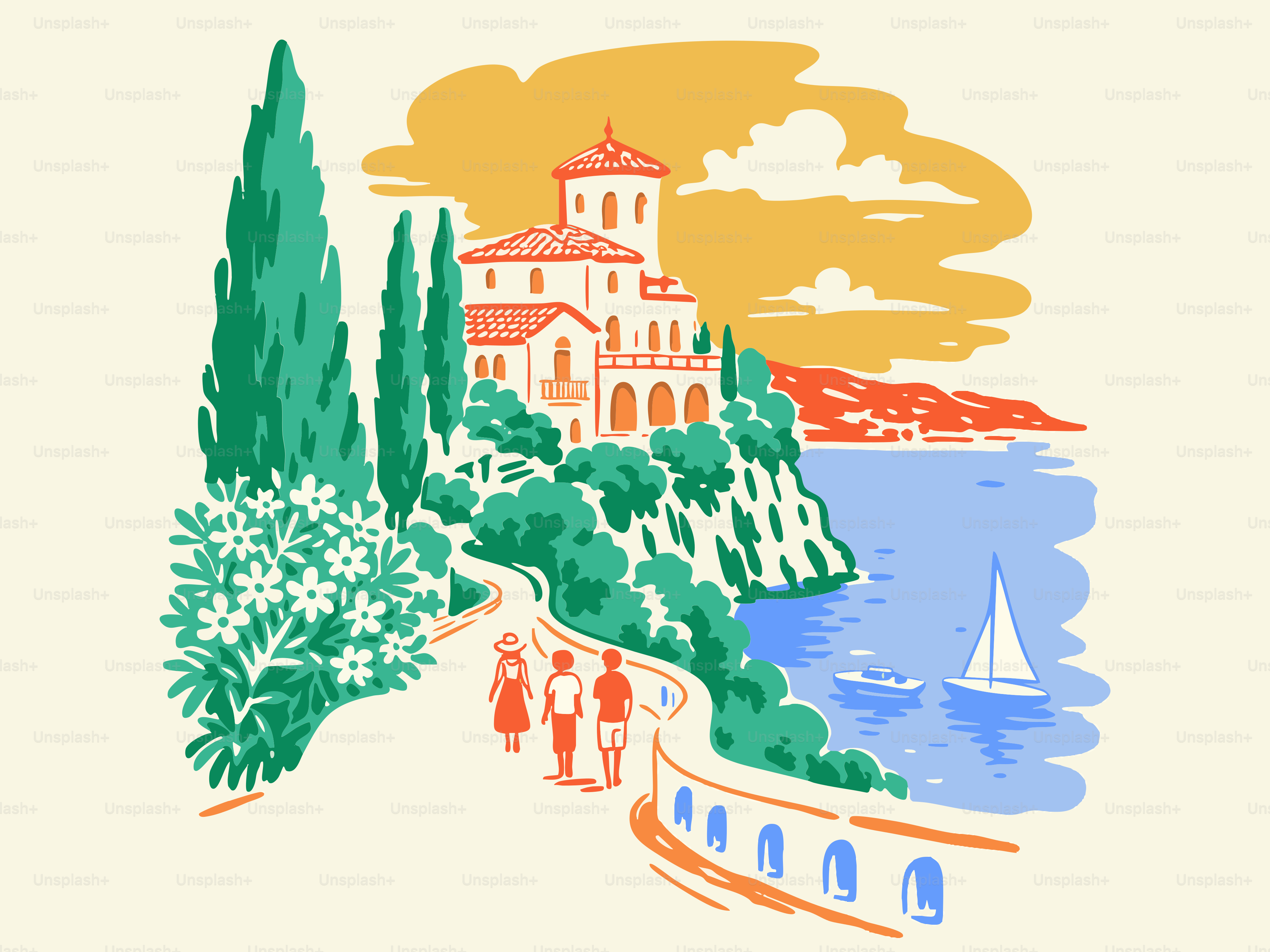 Scenic coastal path with a villa, people, and boats.