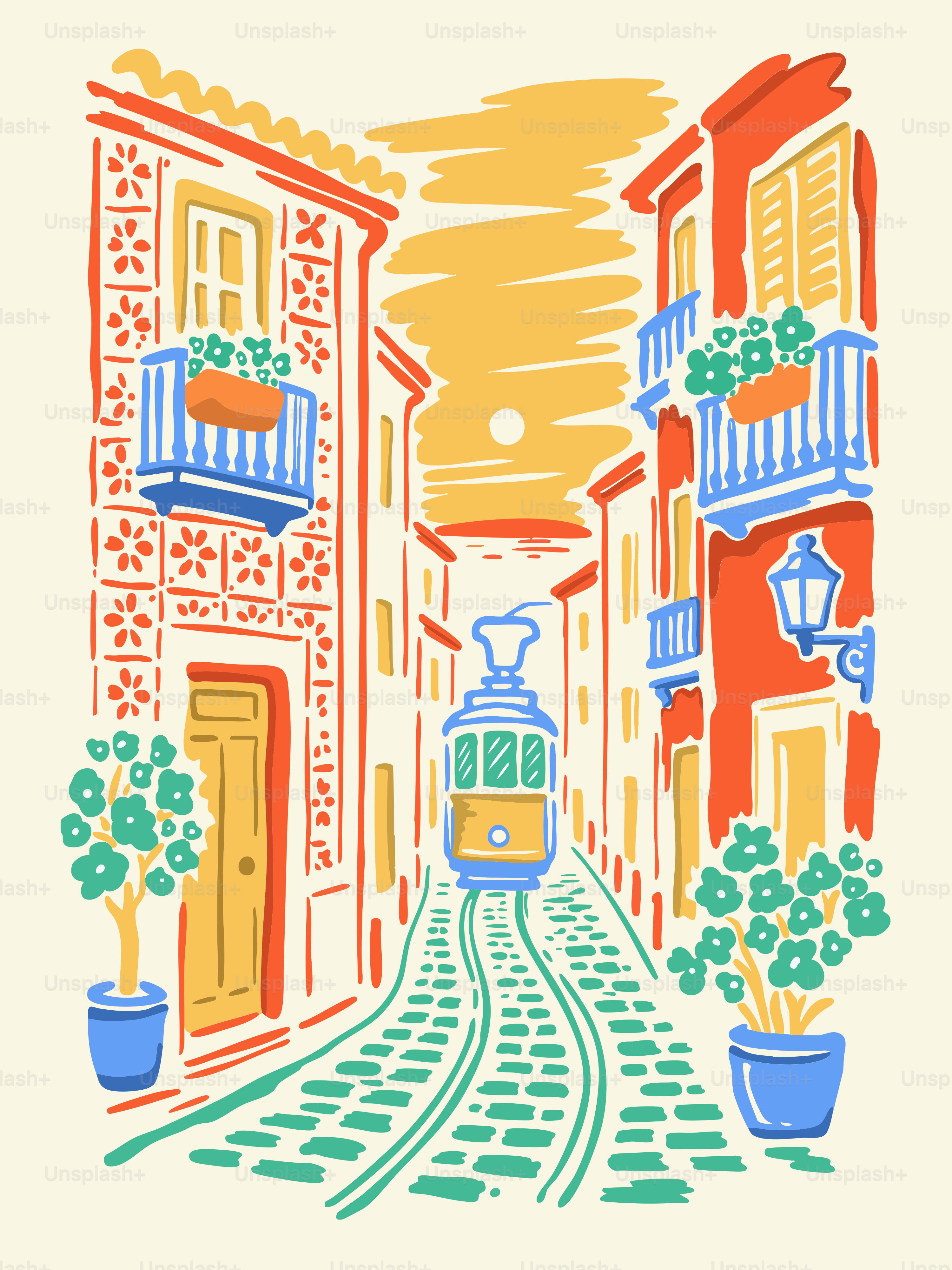 Colorful street scene with a tram and buildings at sunset.