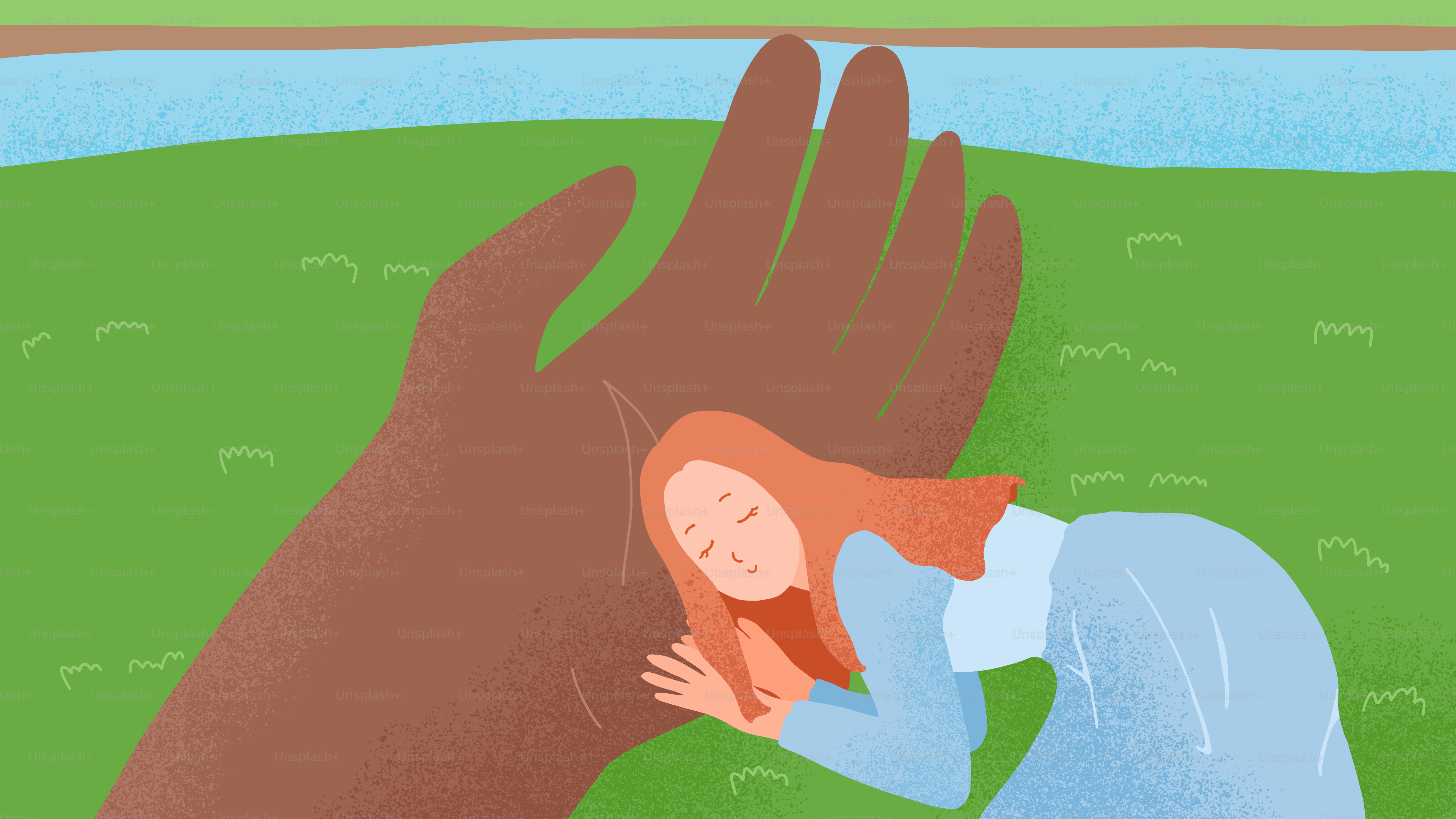 A woman sleeps peacefully on a giant hand outdoors.